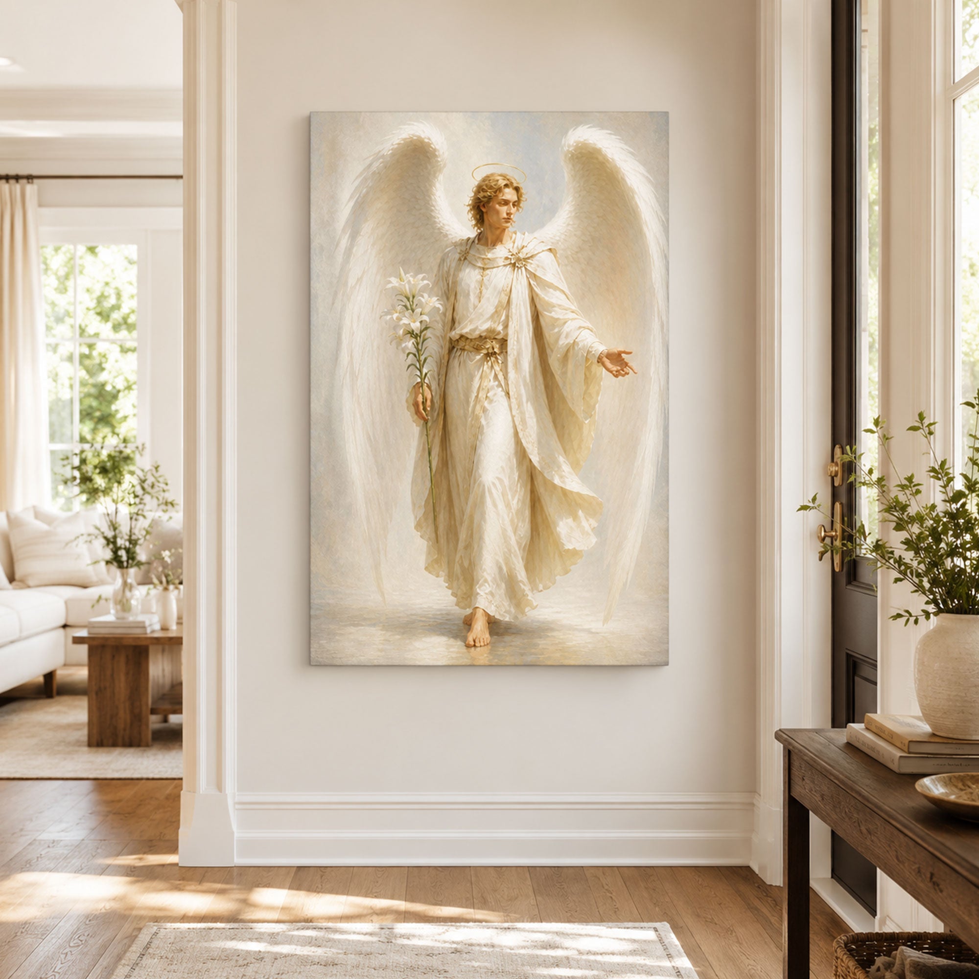 Archangel Gabriel with Lily Canvas Print, Catholic Messenger Angel Wall Art, White and Gold Faith Home Decor Gift
