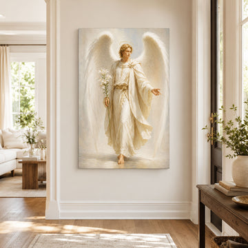 Archangel Gabriel with Lily Canvas Print, Catholic Messenger Angel Wall Art, White and Gold Faith Home Decor Gift