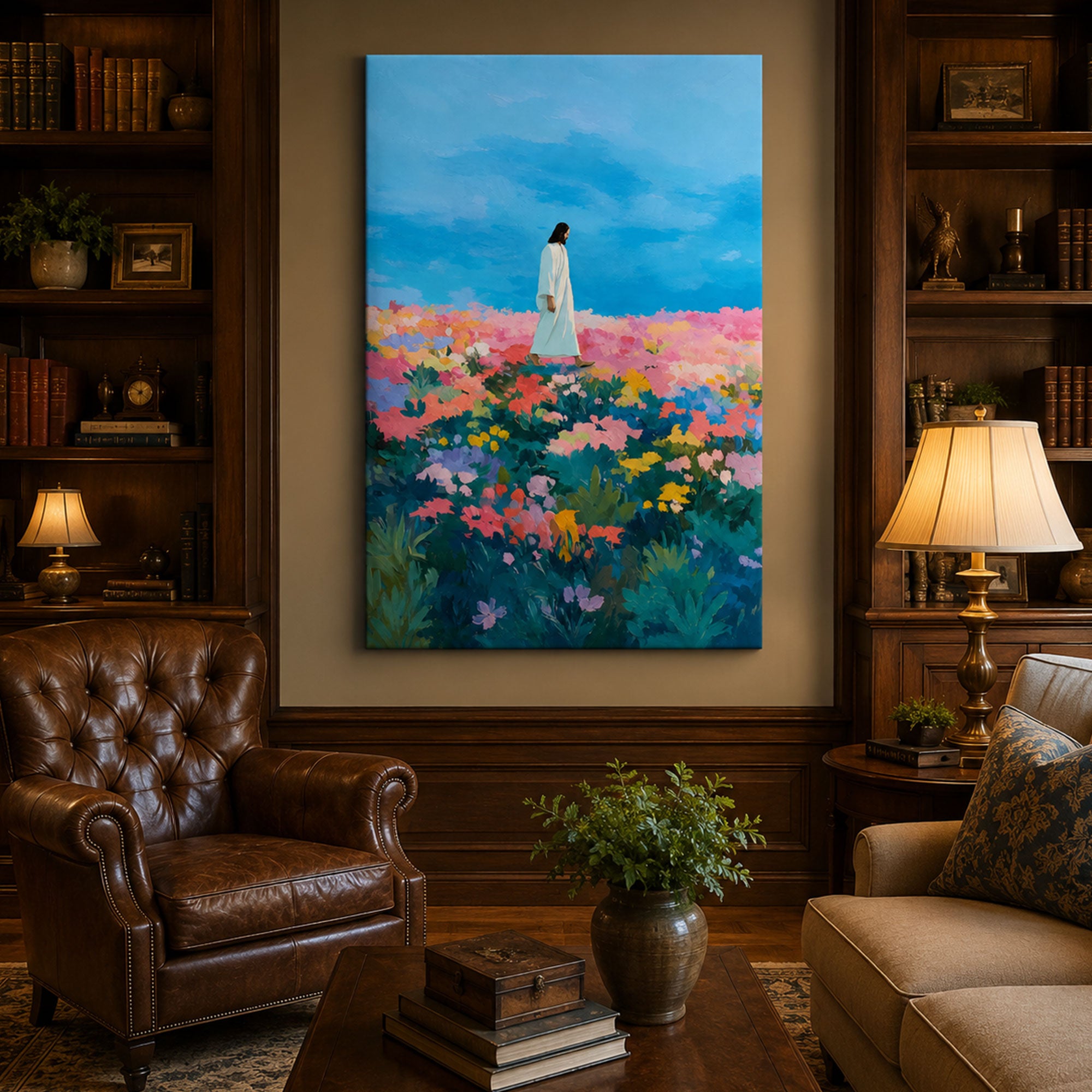 Jesus in Colorful Flower Field Canvas Print, Impressionist Christian Wall Art, Inspirational Faith Home Decor