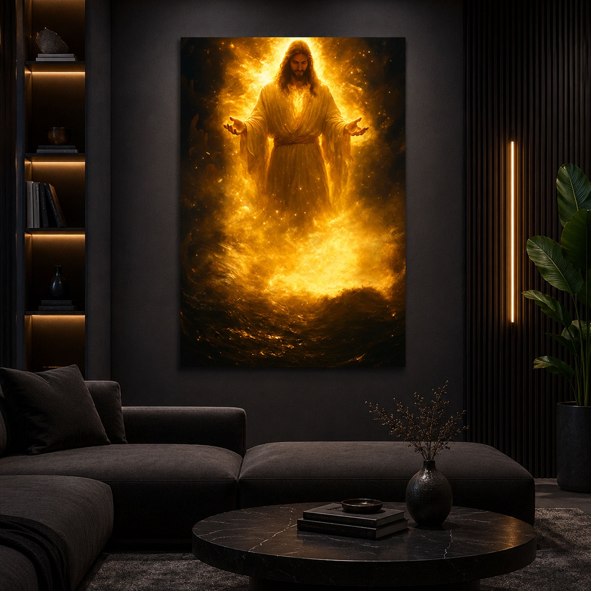 Jesus Glowing In Divine Fire Canvas Art Radiant Light Savior Poster Christian Power Wall Print For Church Prayer Room Or Faith Home Decor