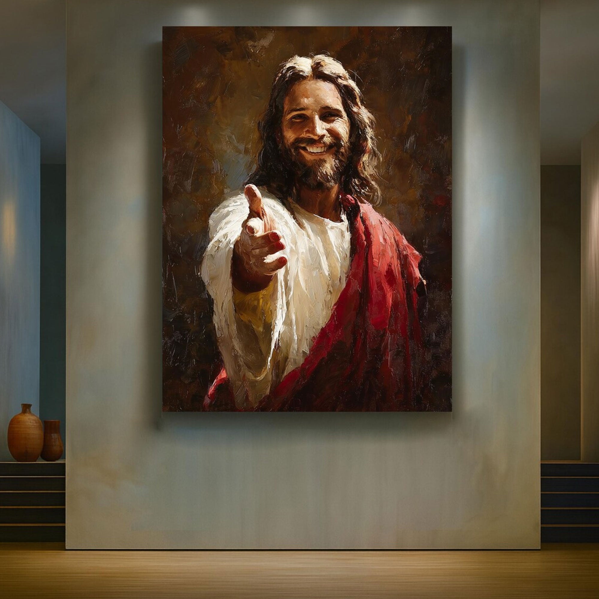 Smiling Jesus Welcoming Canvas Print, Inspirational Christian Faith Wall Art, Religious Home Decor Gift