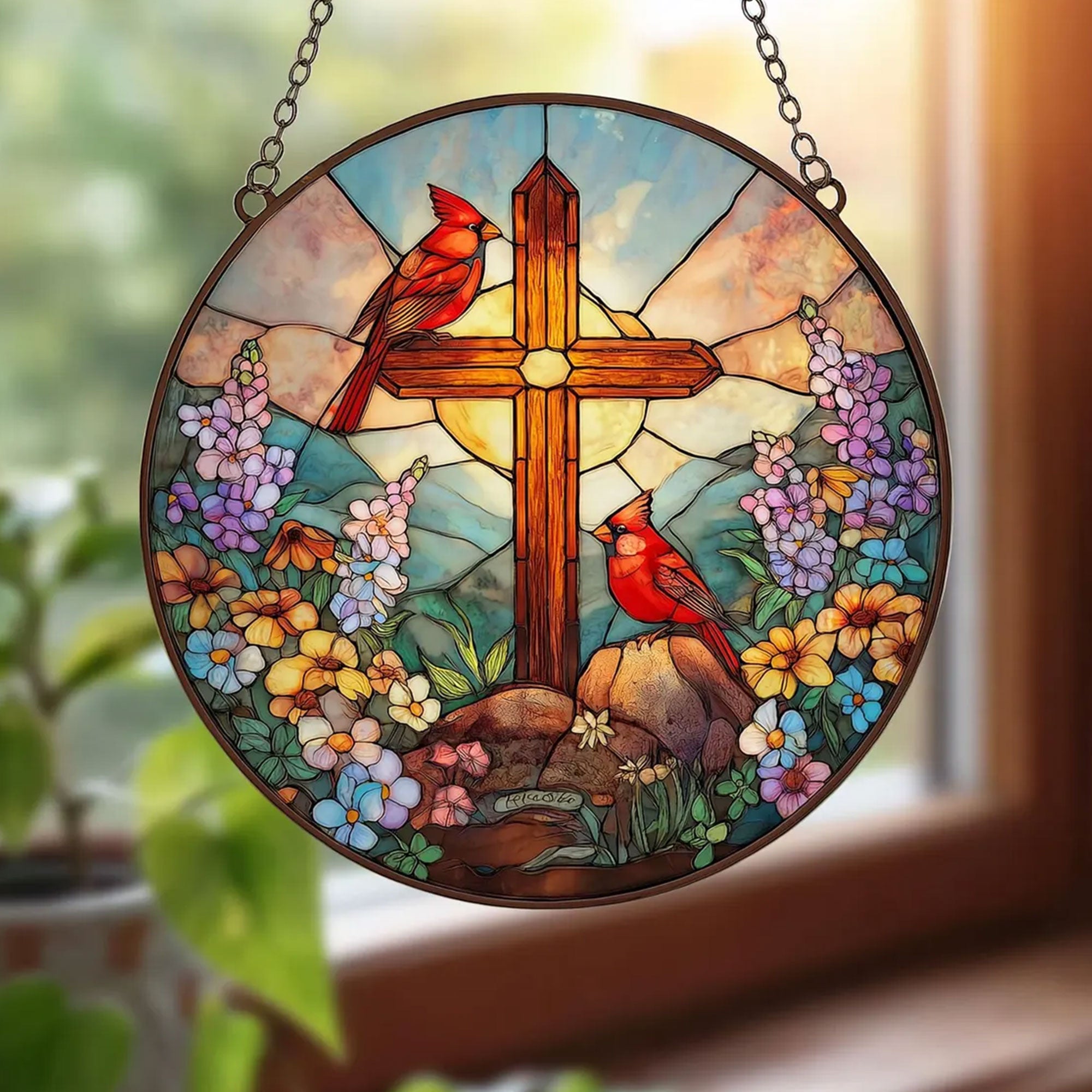 Cardinal with Cross Stained Glass Suncatcher, Christian Window Hanging Decor, Memorial Faith Gift