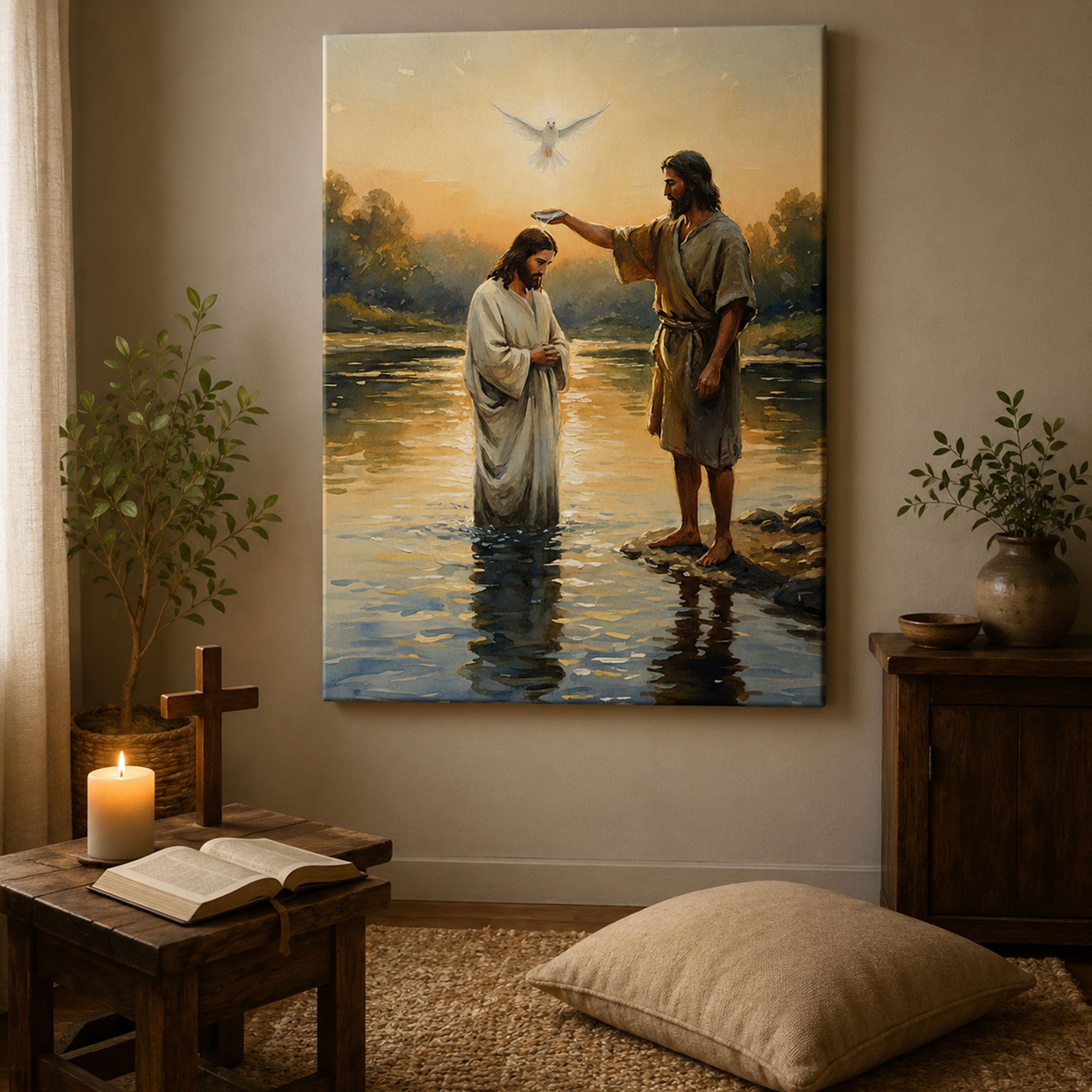 Baptism of Jesus Canvas Print, John the Baptist and Holy Spirit Dove Christian Wall Art, Bible Story Home Decor