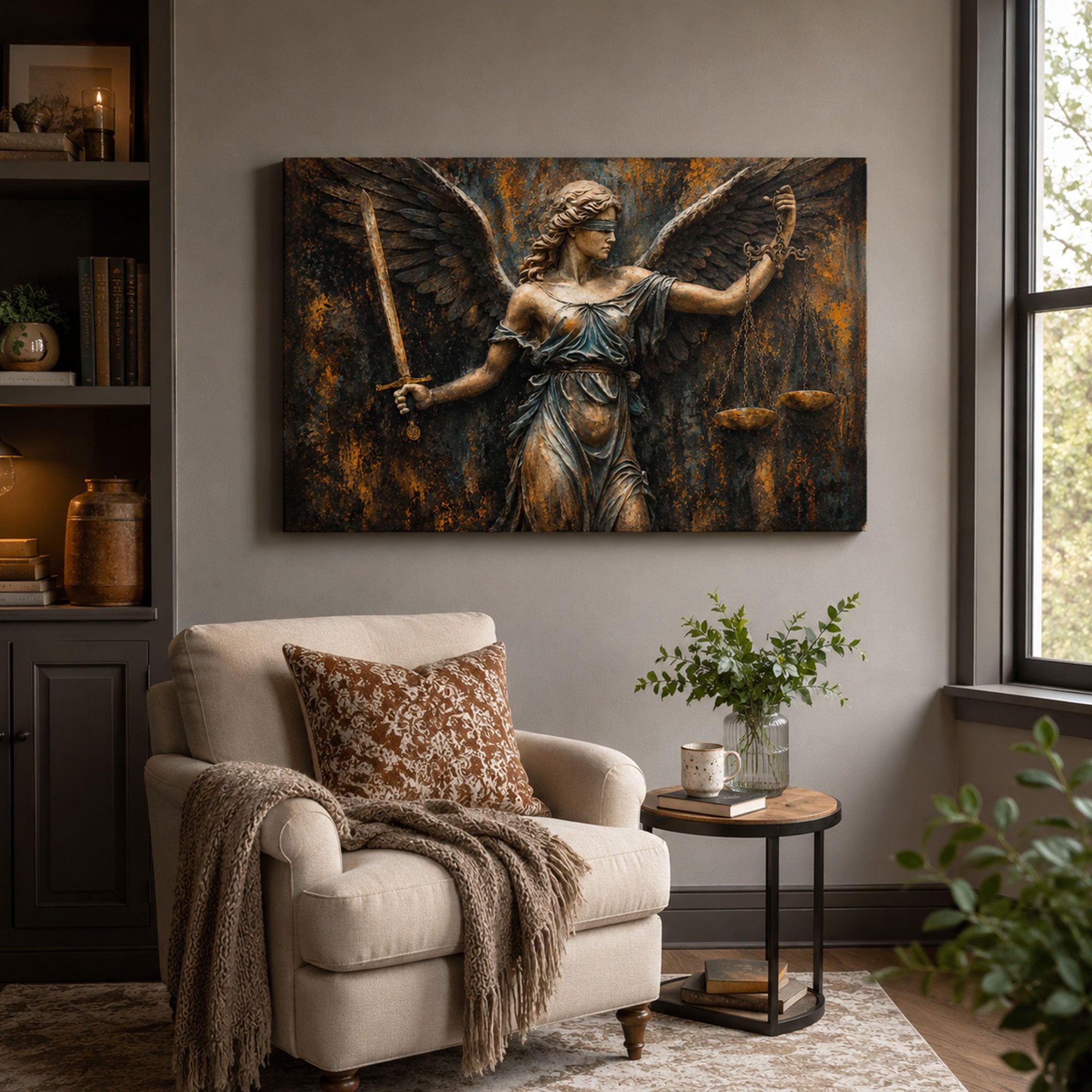 Angel of Justice Panoramic Canvas Print, Winged Angel with Sword and Scales Christian Wall Art, Faith Home Decor Gift