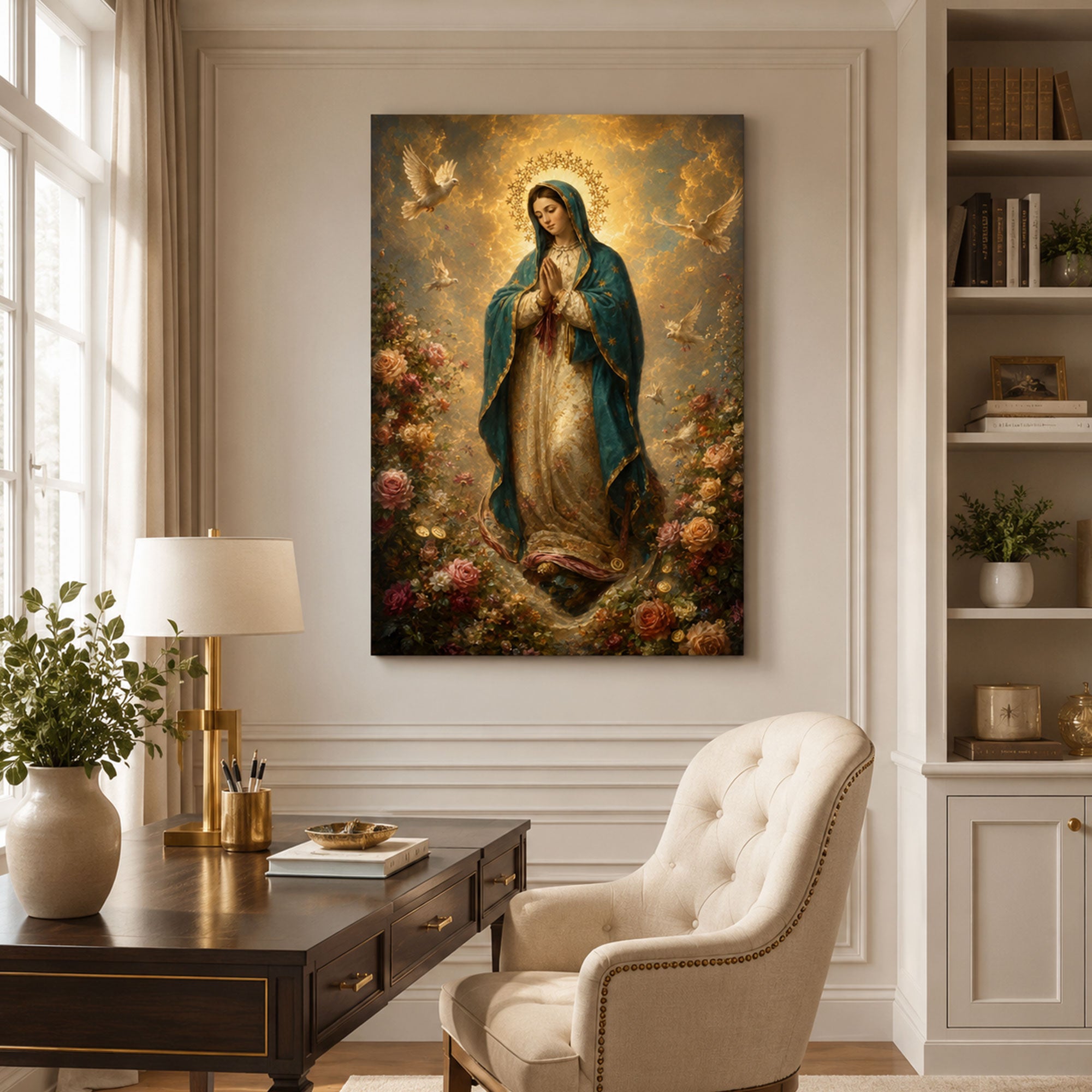 Virgin Mary with Roses and Doves Canvas Print, Catholic Home Decor