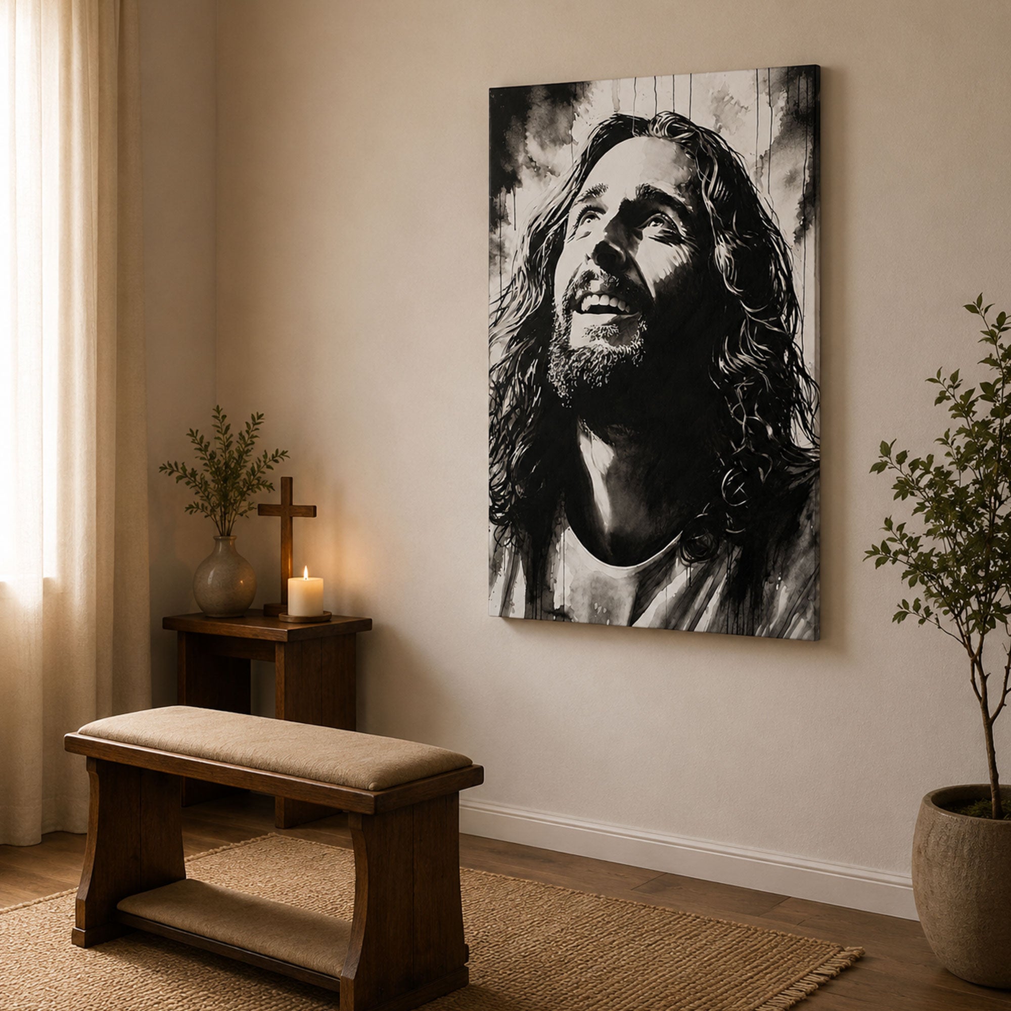 Smiling Jesus Portrait Canvas Print, Black White Christian Wall Art, Faith Home Decor