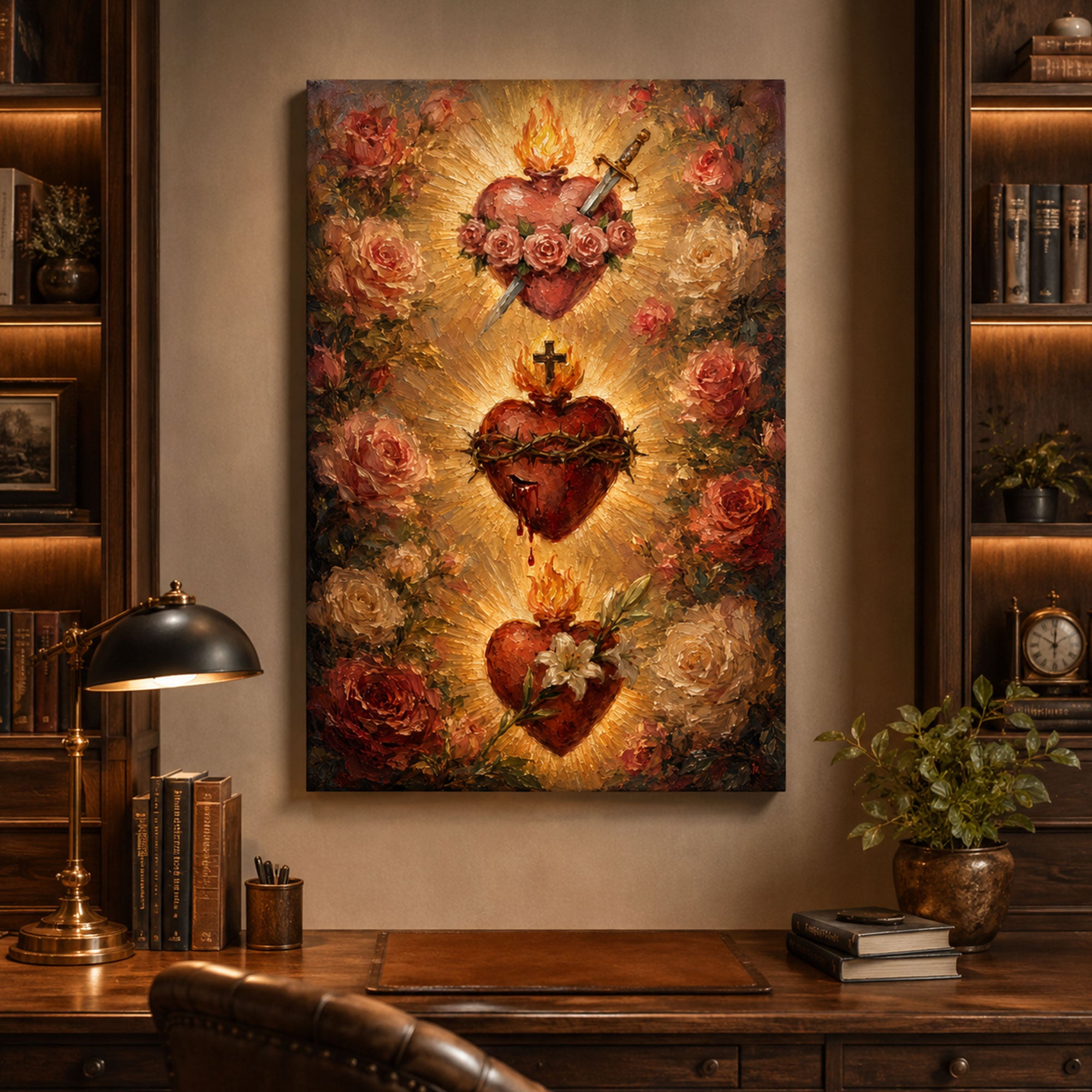 Three Sacred Hearts Canvas Print, Sacred Heart of Jesus Immaculate Heart of Mary and Saint Joseph Catholic Wall Art Religious Home Decor