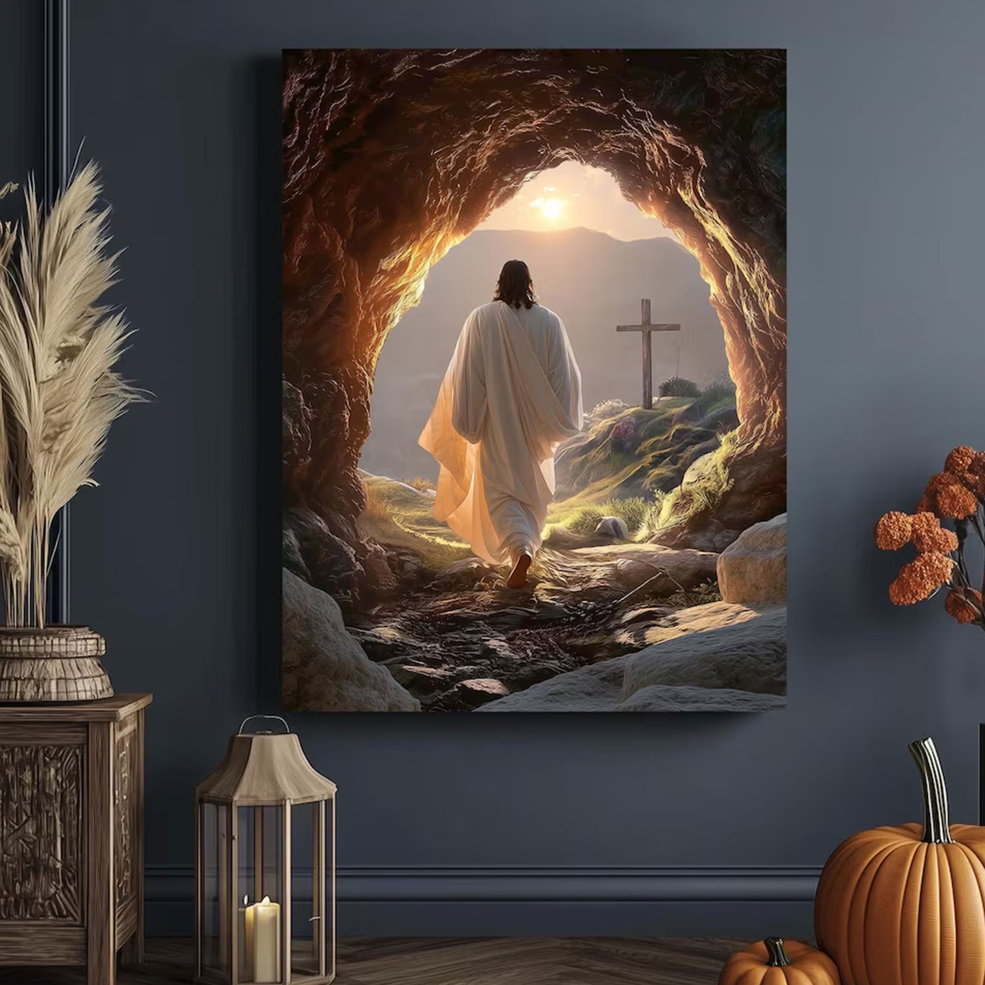 Jesus Resurrection Canvas Wall Art, Risen Christ Painting, Peaceful Christian Home Decor