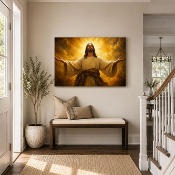 Jesus Christ in Glory Canvas Print, Open Arms Christian Wall Art, Golden Light Faith Home Decor Gift