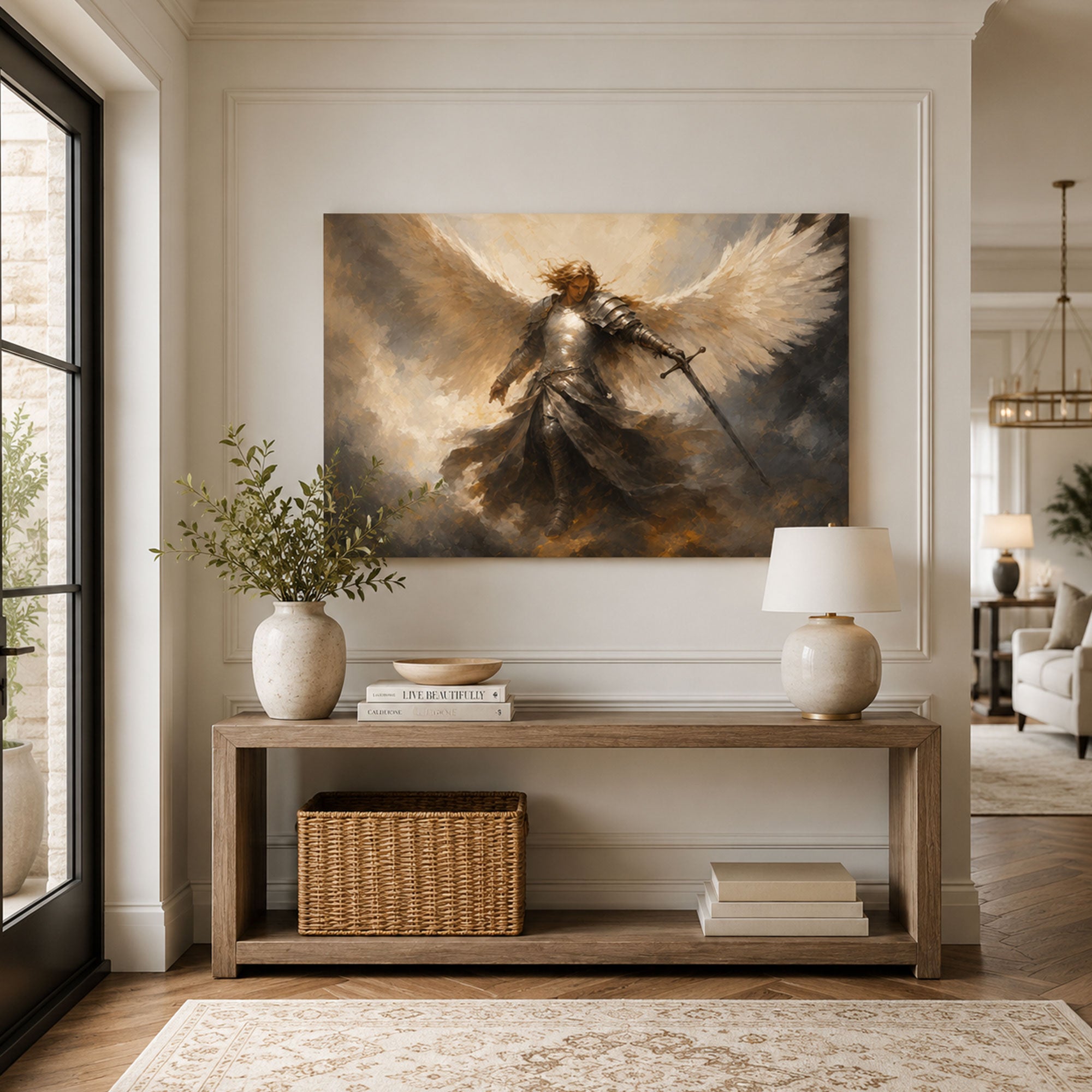 Saint Michael Archangel with Sword Canvas Print, White and Gold Catholic Art