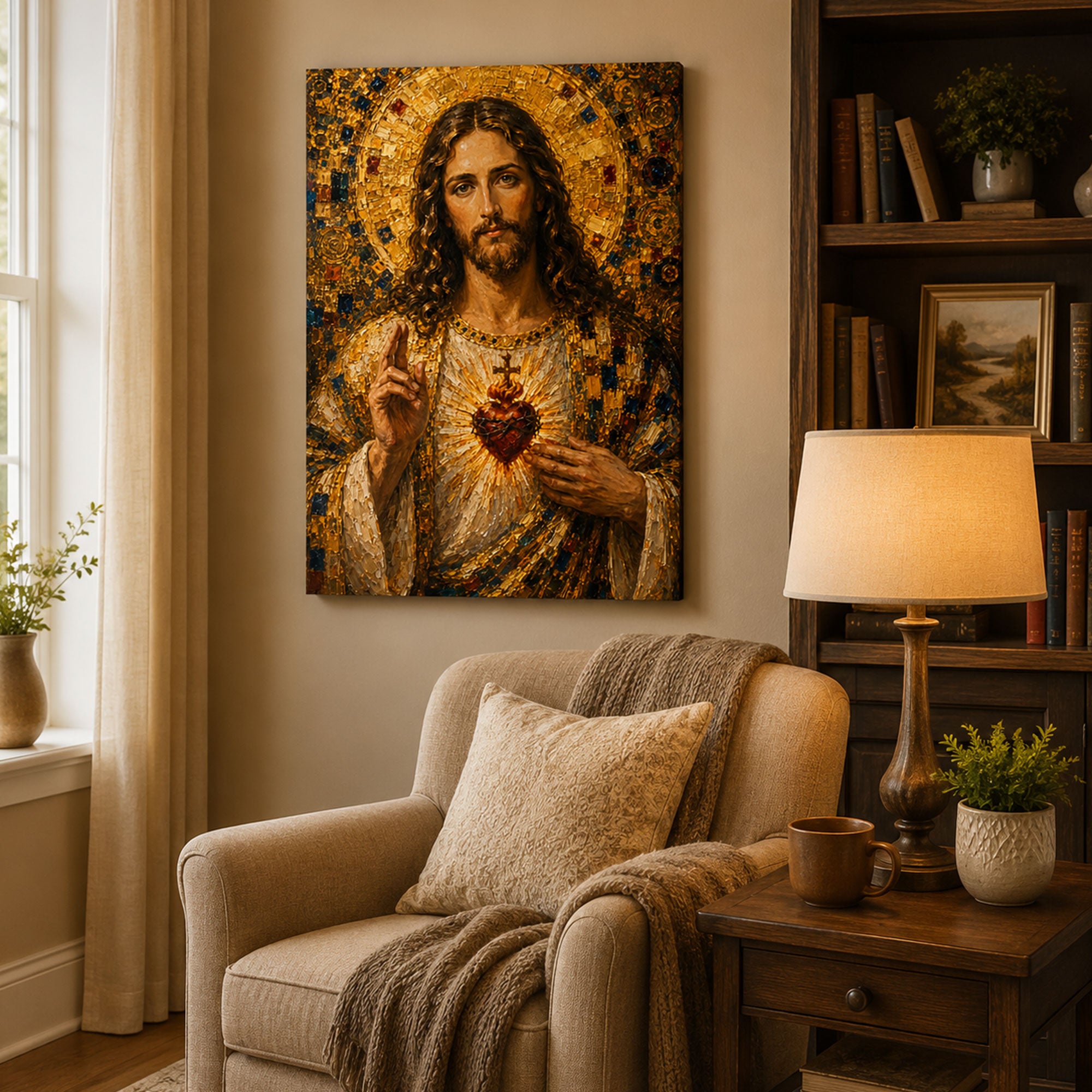 Sacred Heart of Jesus Canvas Print, Gold Mosaic Style Catholic Wall Art, Christian Faith Home Decor Gift