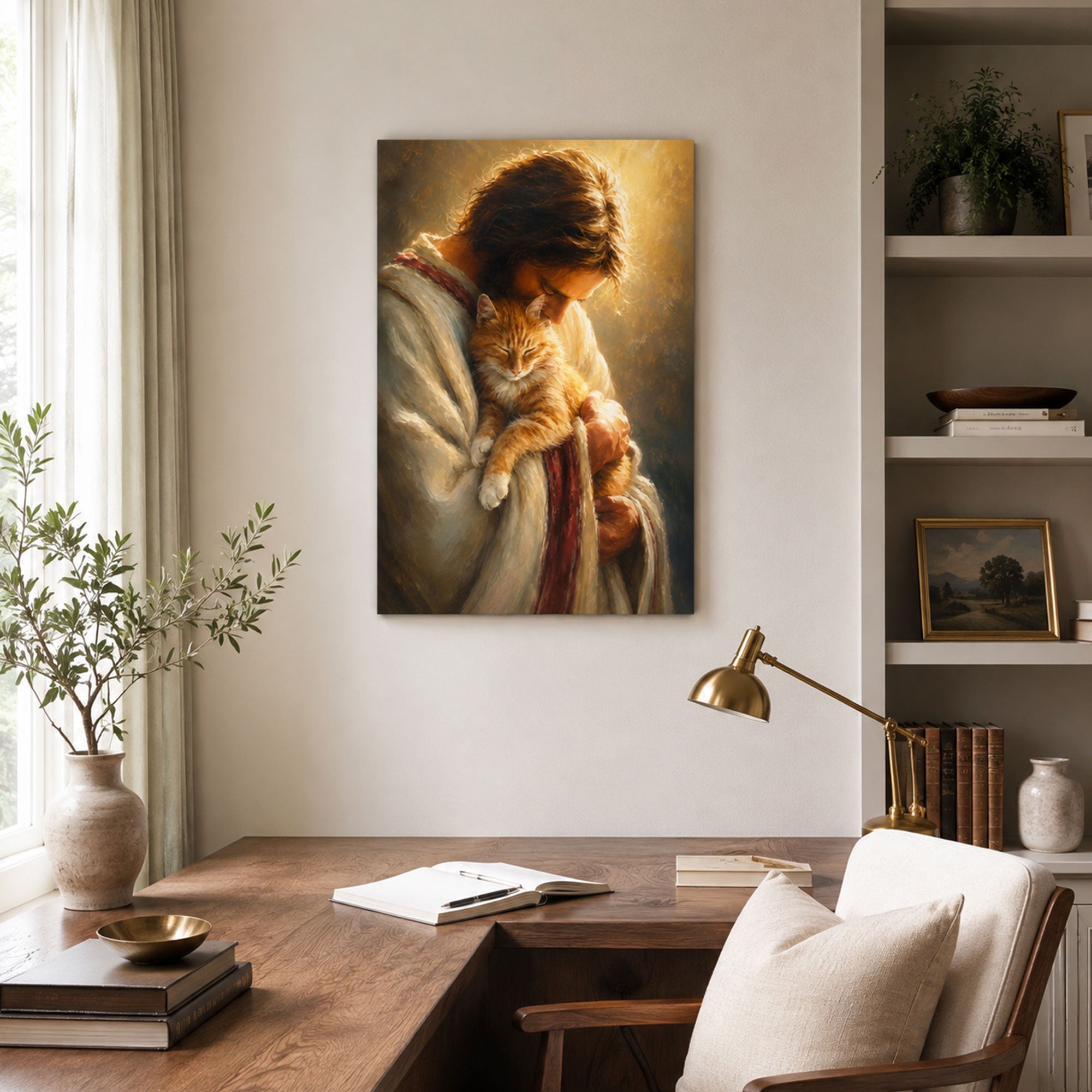 Jesus Holding a Cat Canvas Print, Christian Pet Lover Wall Decor, Faith Gift for Home