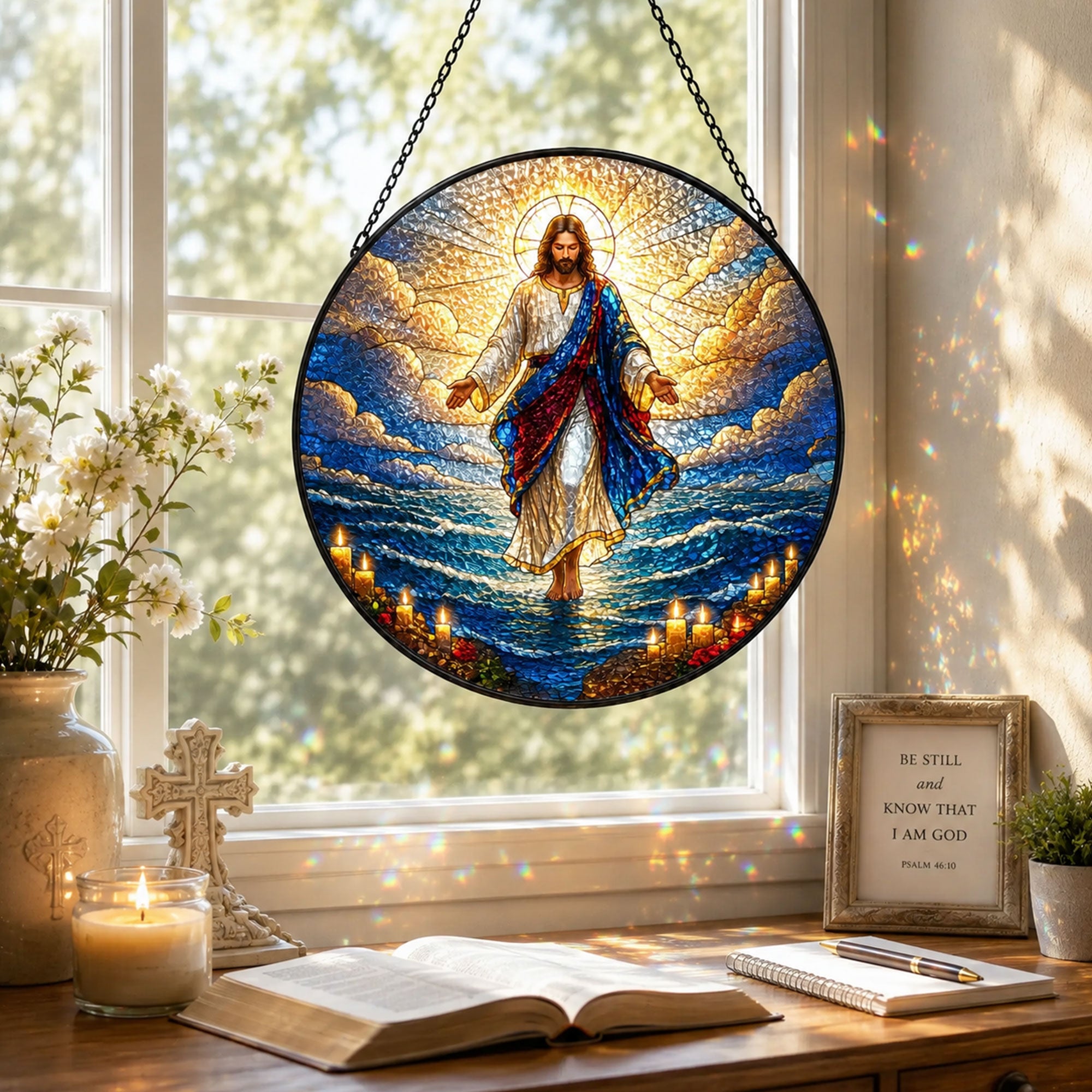 Jesus Walking on Water Suncatcher, Christian Window Hanging, Faith and Hope Gift