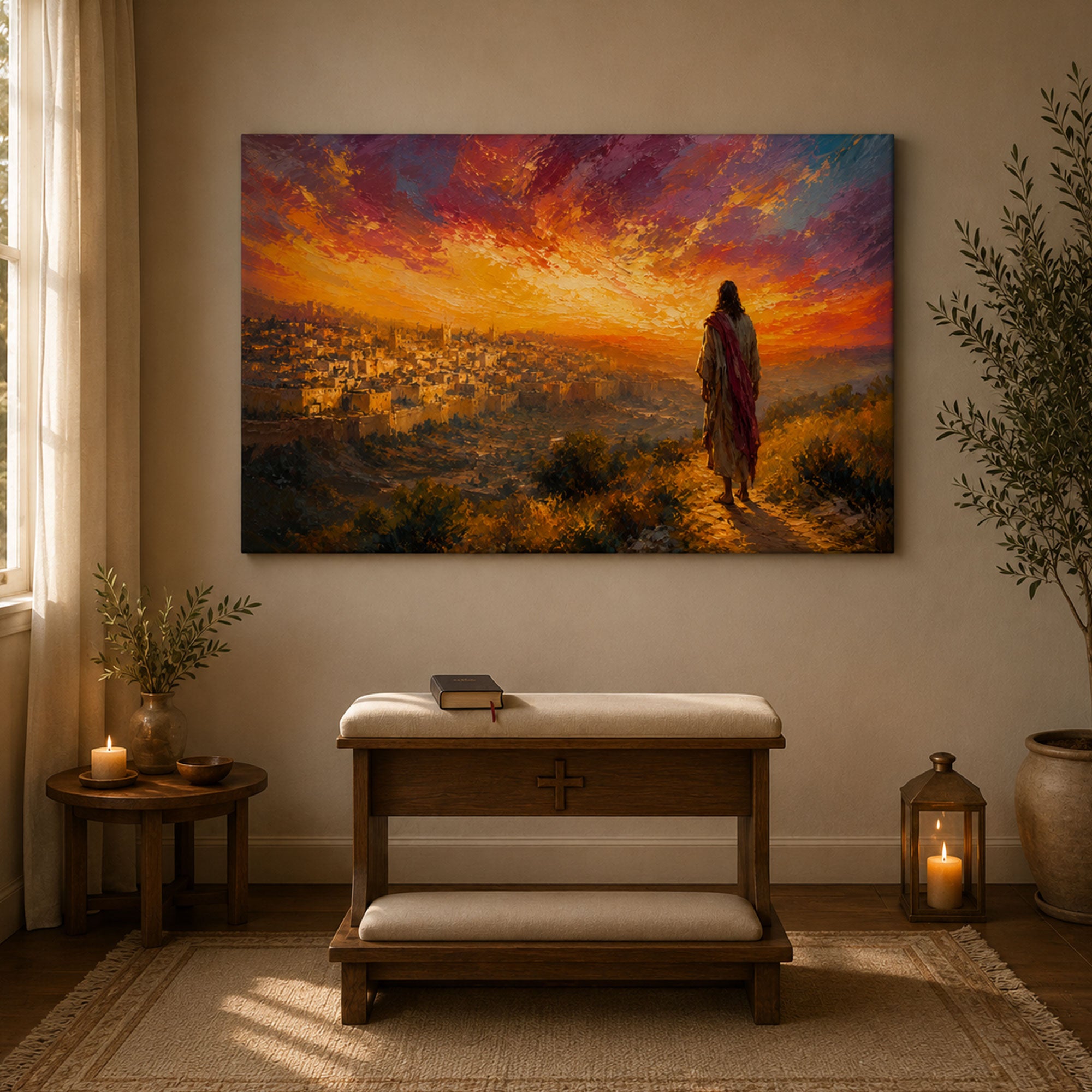 Jesus Over Jerusalem Canvas Print, Christian Wall Art, Holy City Sunset Faith Home Decor