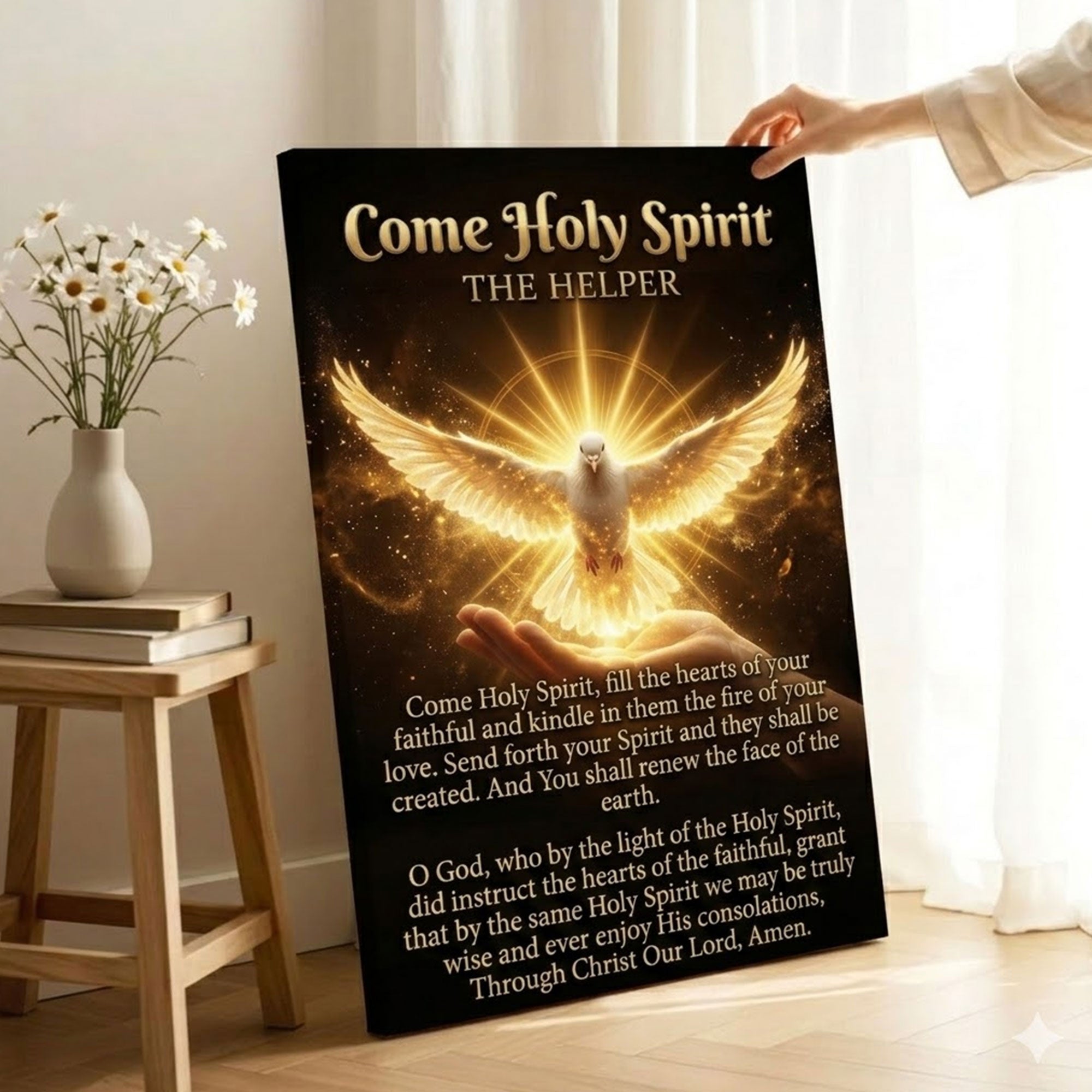 Come Holy Spirit Canvas Print, The Helper Prayer Wall Art, Catholic Holy Spirit Dove, Pentecost Fire Christian Decor, Inspirational Faith Gift