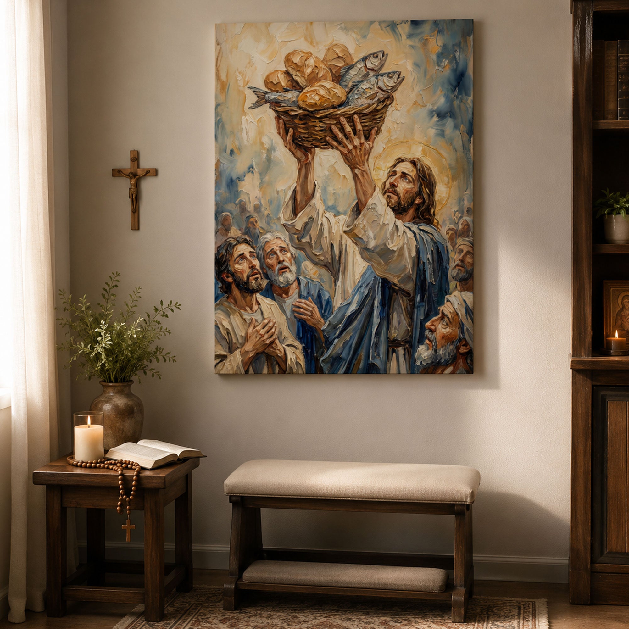 Jesus Feeding the 5000 Canvas Print, Loaves and Fish Miracle Christian Wall Art, Bible Story Home Decor