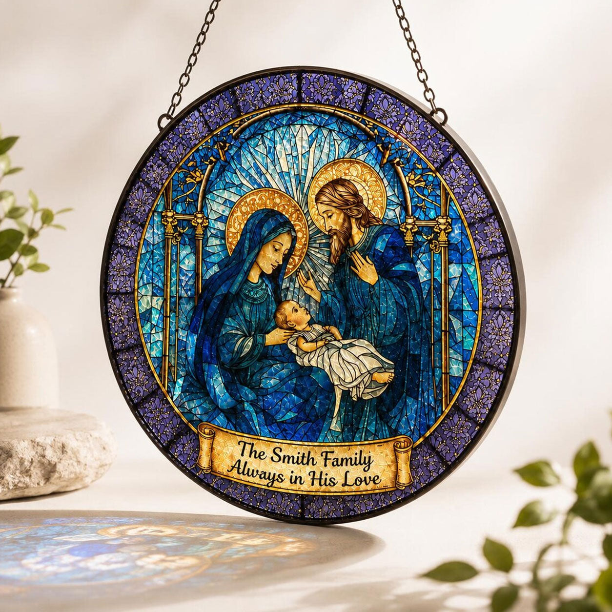 Personalized Holy Family Suncatcher, Custom Family Name Catholic Window Hanging, Christian Family Gift
