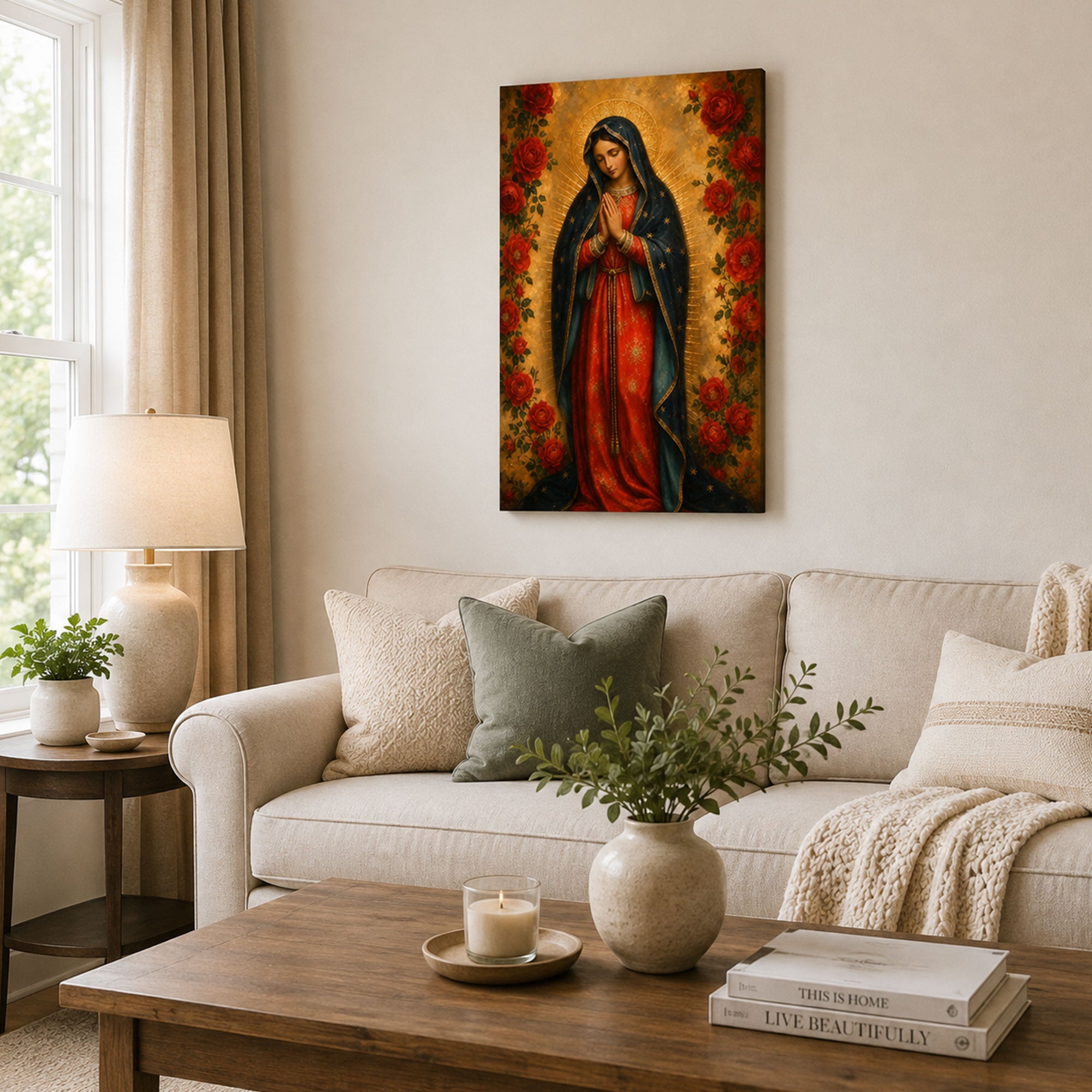 Our Lady of Guadalupe with Roses Canvas Print, Virgin Mary Catholic Wall Decor, Marian Faith Gift