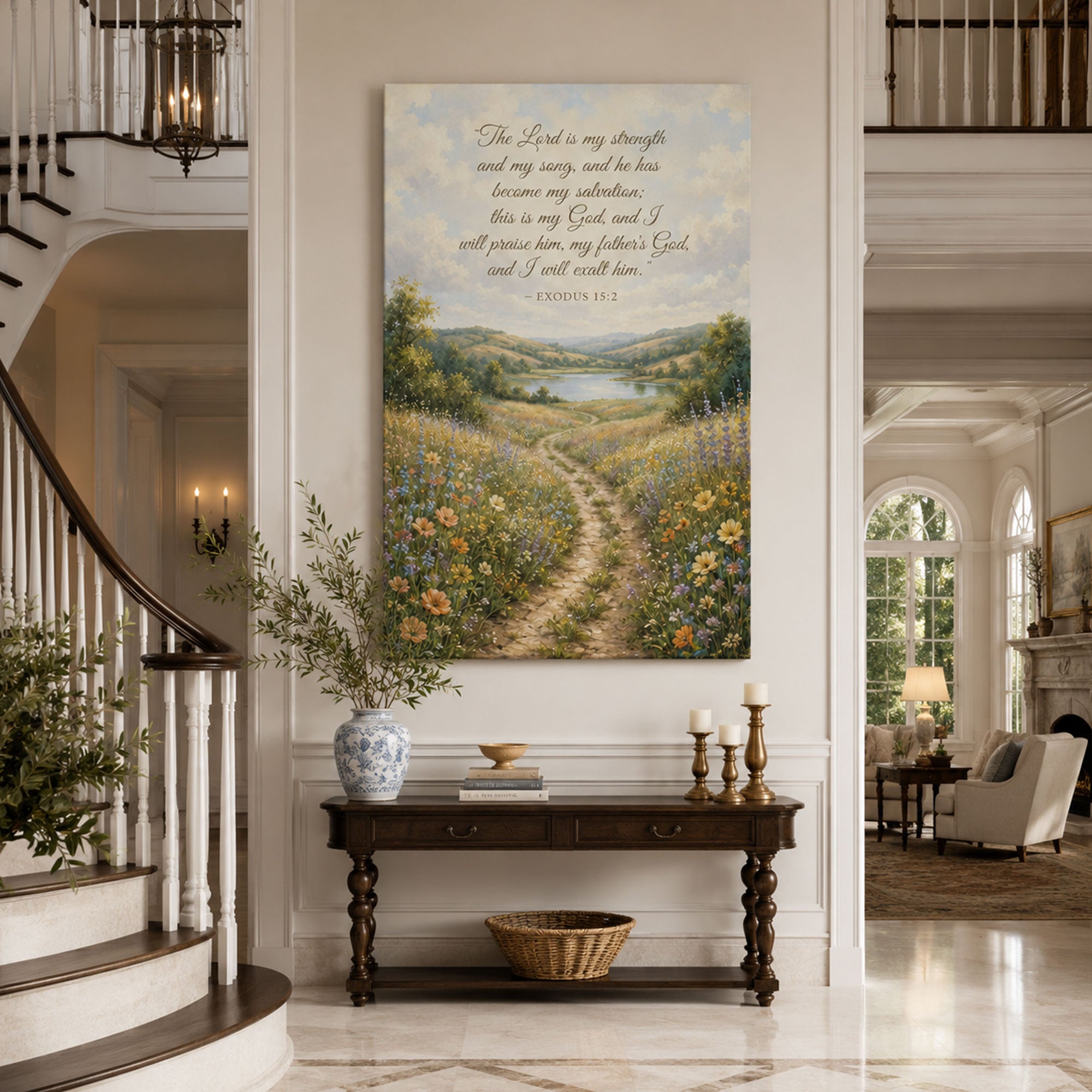 Exodus 15:2 The Lord Is My Strength Canvas Print, Christian Country Path Meadow Wall Art, Extra Wide Bible Verse Decor