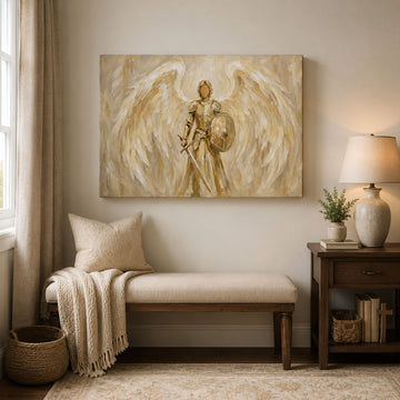 Saint Michael Angel Warrior Canvas Print, White and Gold Catholic Wall Decor