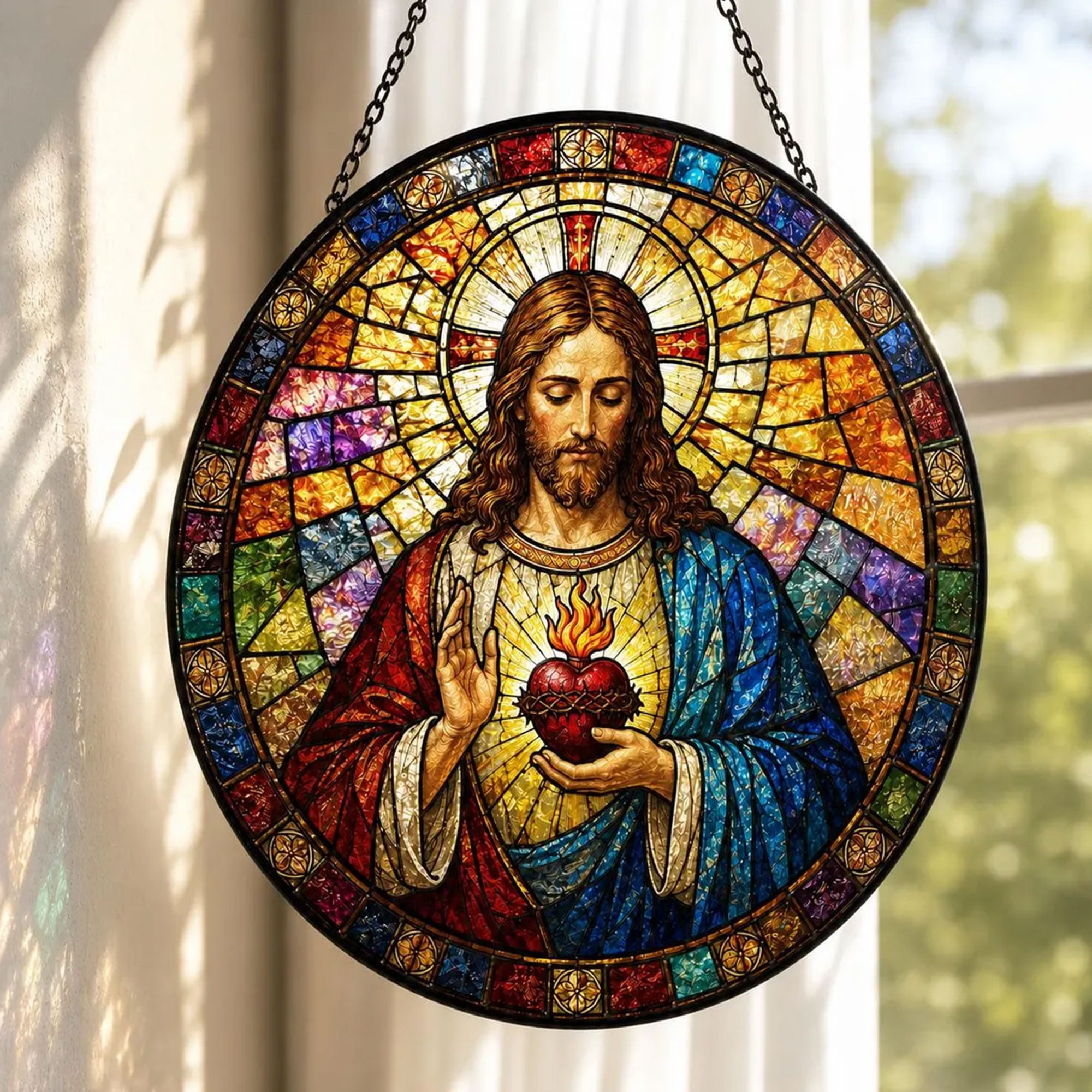 Sacred Heart Jesus Suncatcher, Catholic Window Hanging, Christian Faith Decor Gift