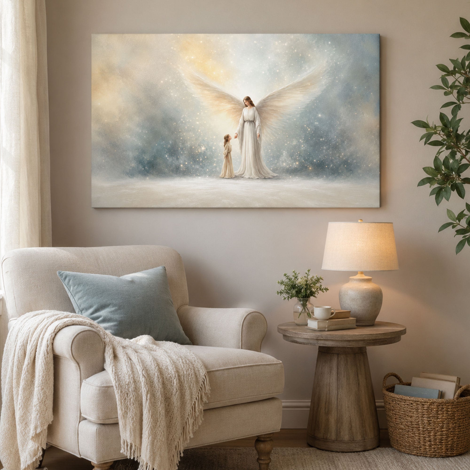 Guardian Angel with Child Panoramic Canvas Print, Christian Angel Wall Art, Faith Home Decor Gift