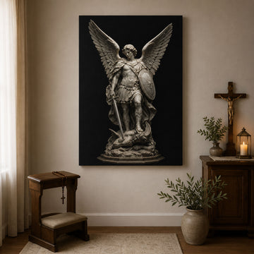 Saint Michael Archangel Statue Canvas Print, Catholic Angel Wall Art, Faith Home Decor Gift