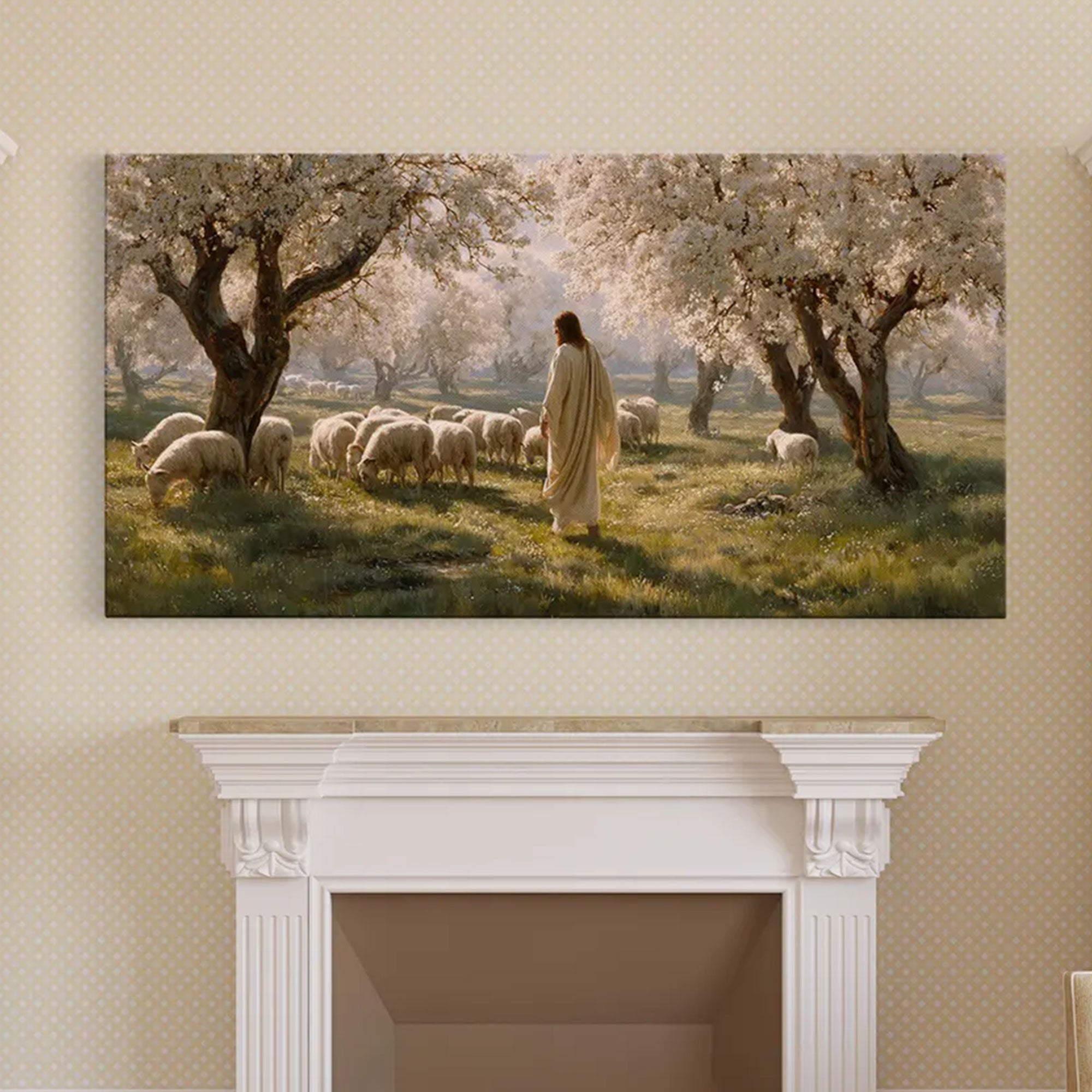 Pastoral Bloom Framed Canvas Print, Jesus Wall Art, Christian Decor, Floral Field Artwork, Religious Gift