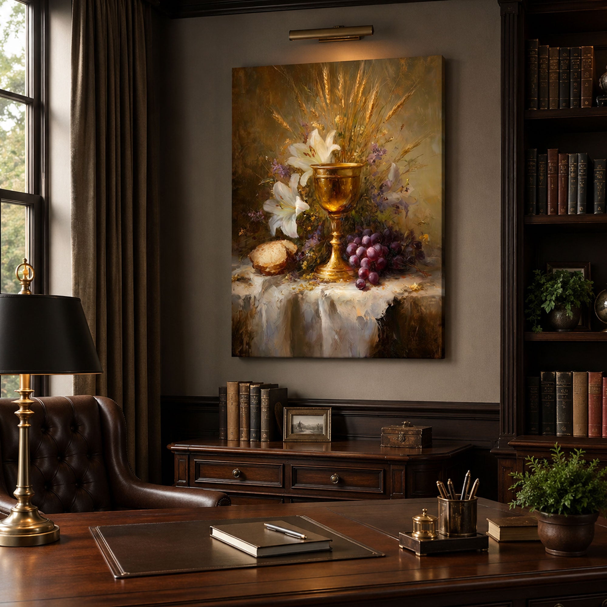 Eucharist Chalice Still Life Canvas Art, Catholic Communion Wall Decor, Bread and Wine Christian Faith Artwork