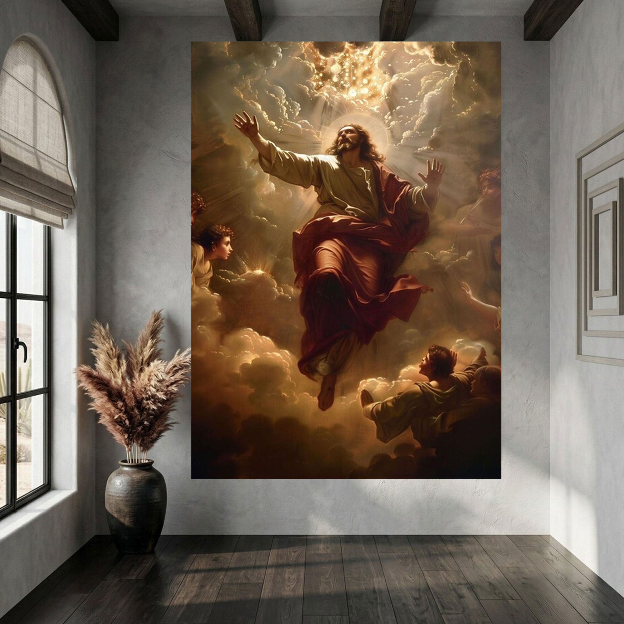 Ascending Christ Canvas Print, Christian Wall Art, Divine Light Decor, Heavenly Clouds Scene