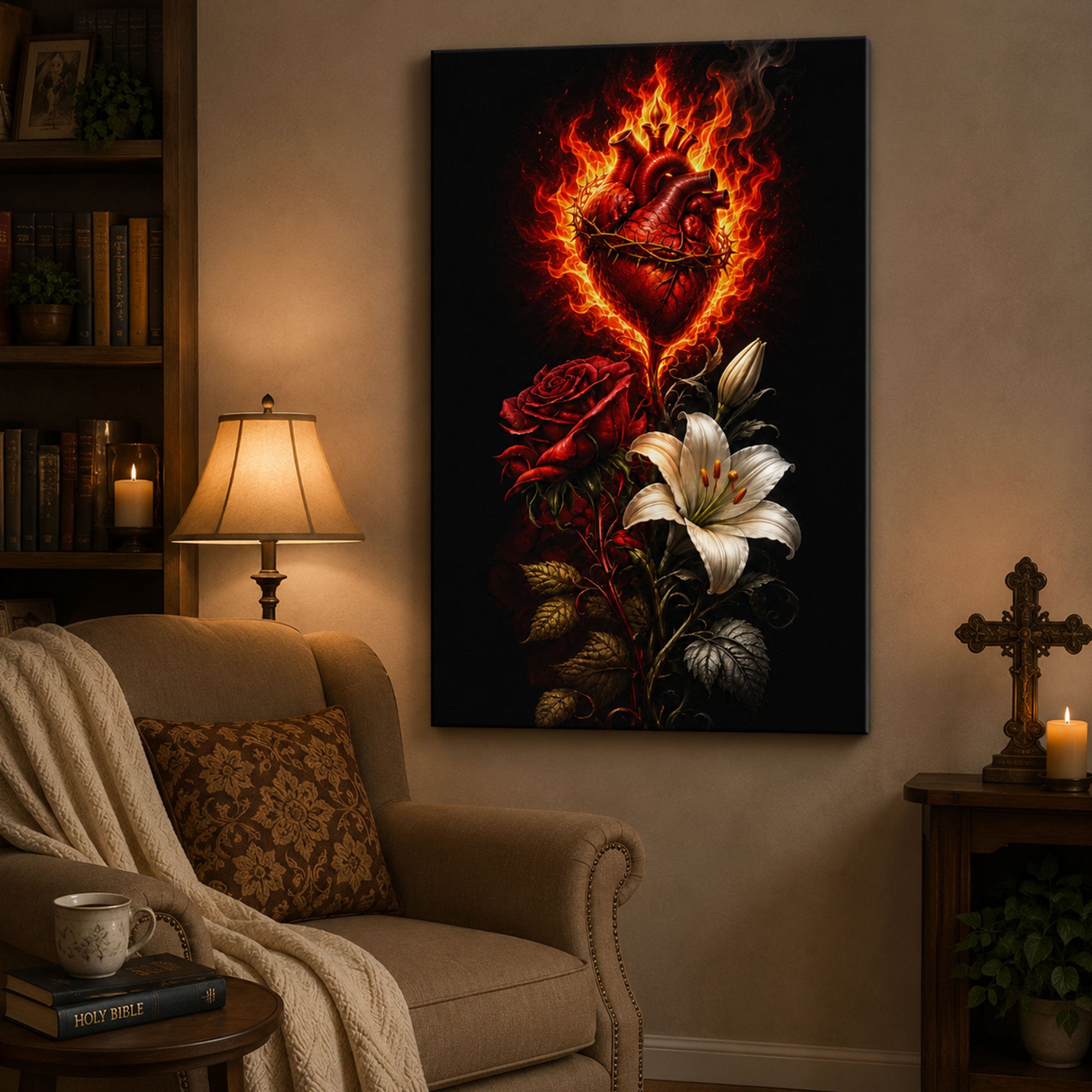 Sacred Heart of Jesus Canvas Print, Catholic Wall Art, Flaming Sacred Heart with Roses and Lily, Christian Religious Home Decor