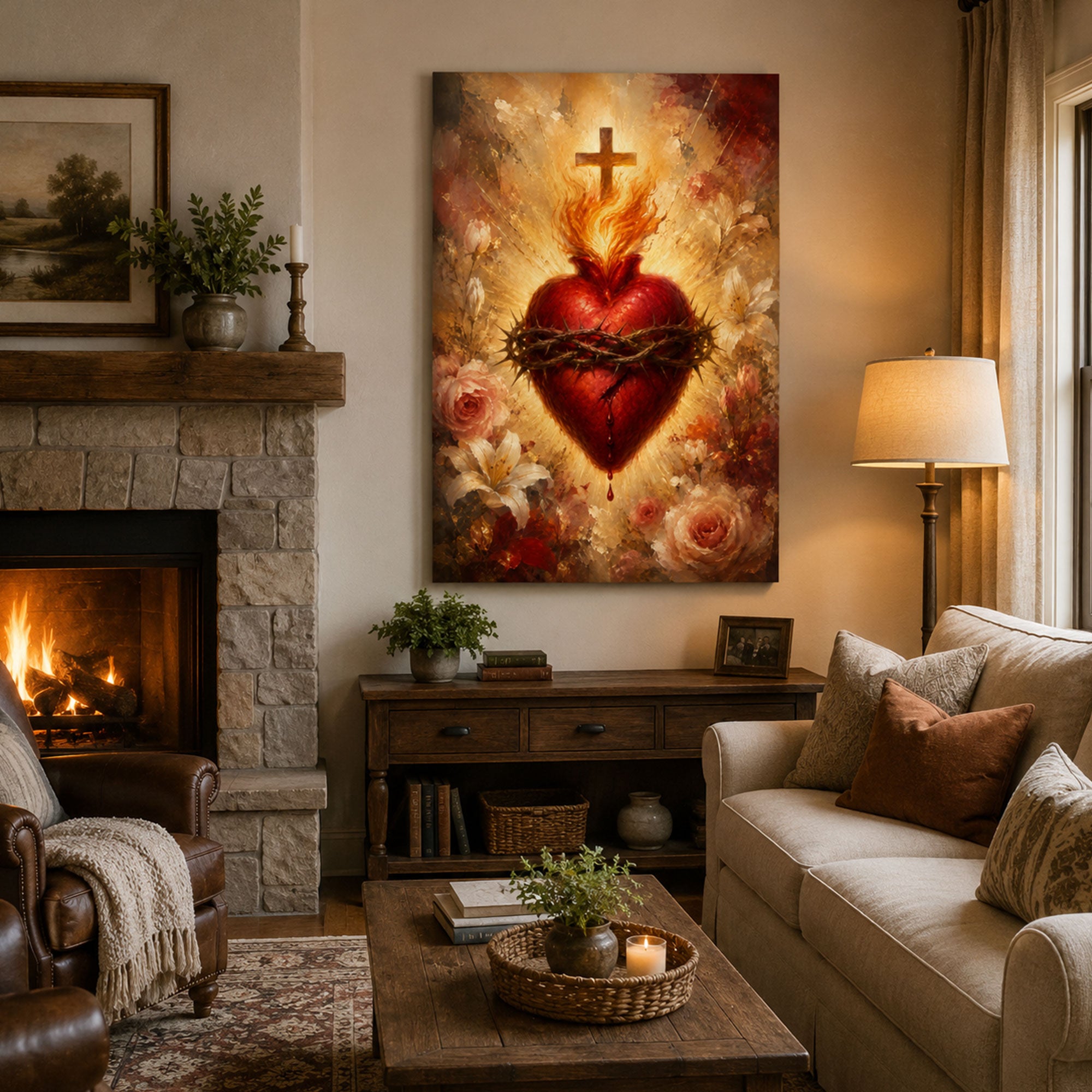 Sacred Heart of Jesus Canvas Print, Flaming Heart with Crown of Thorns Catholic Wall Art, Christian Religious Home Decor Gift