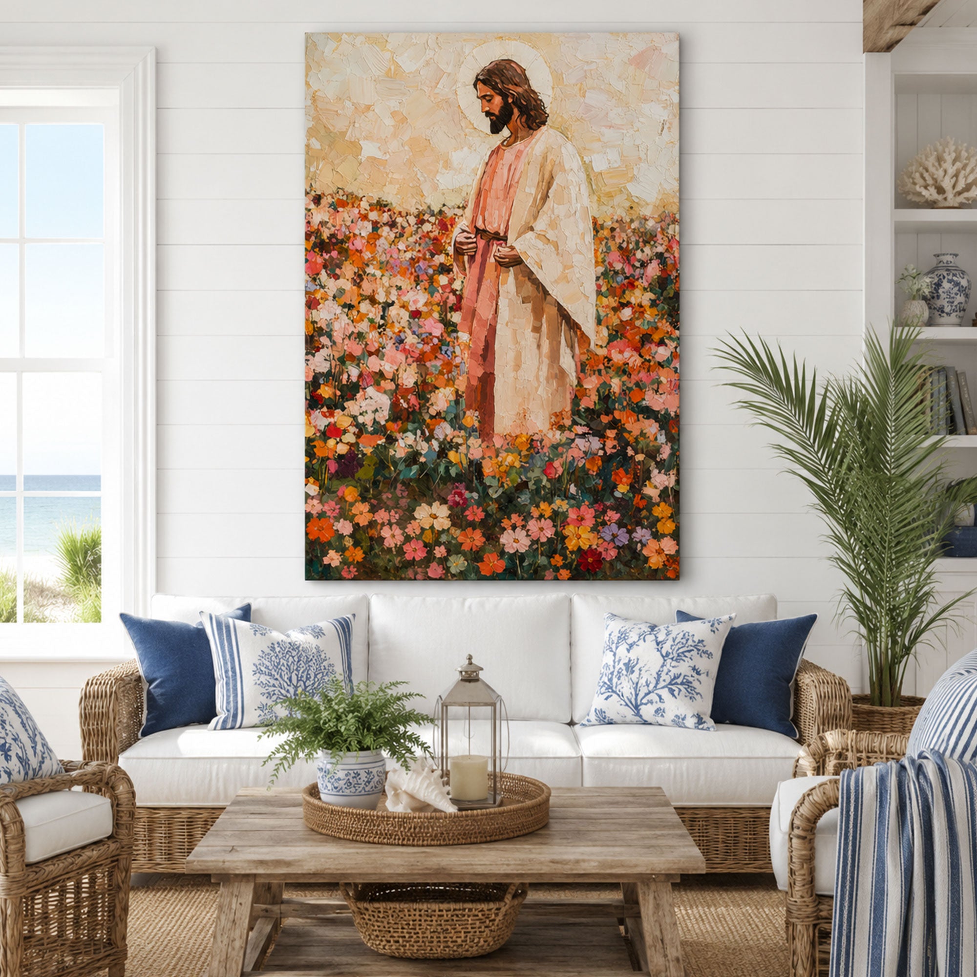 Jesus in Wildflower Field Canvas Print, Impressionist Christian Wall Art, Peaceful Faith Home Decor
