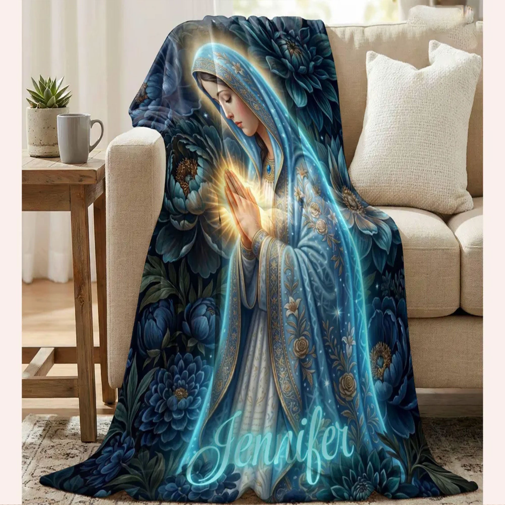 Personalized Virgin Mary Fleece Blanket, Catholic Prayer Throw, Blue Floral Christian Gift, Elegant Faith Decor for Mom or Grandma