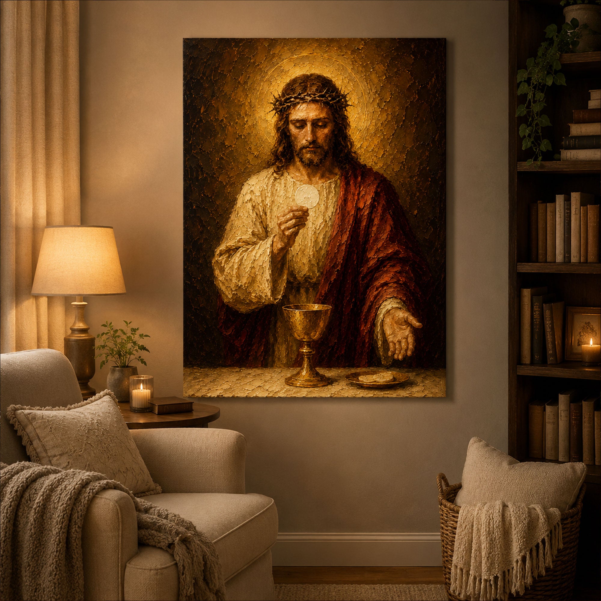 Jesus Holding the Holy Eucharist Canvas Print, Catholic Eucharistic Wall Art, Christ with Sacred Host and Chalice, Religious Christian Home Decor