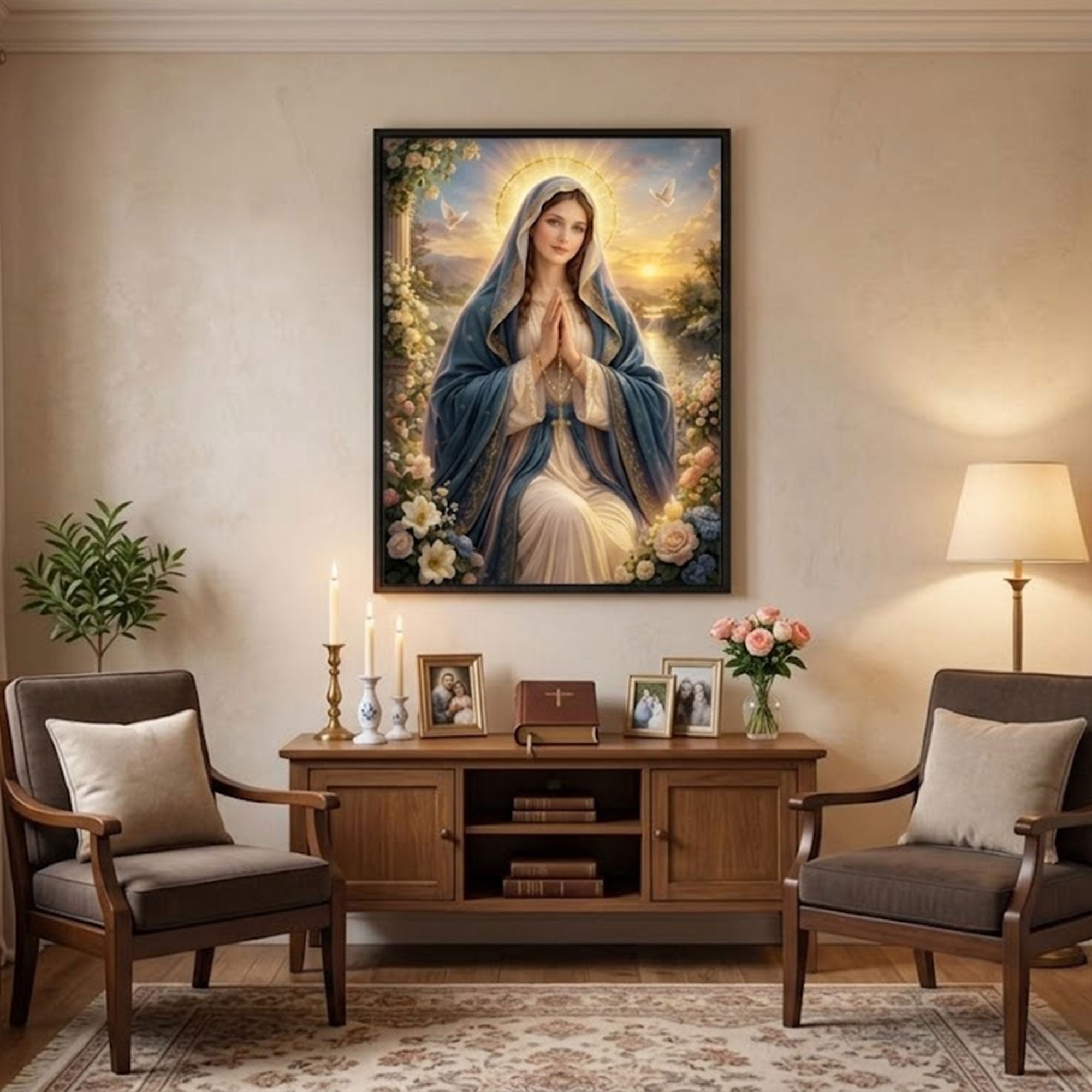 Virgin Mary Prayer Wall Art, Blessed Mother Canvas Print, Catholic Religious Decor, Christian Faith Artwork, Spiritual Home Gift