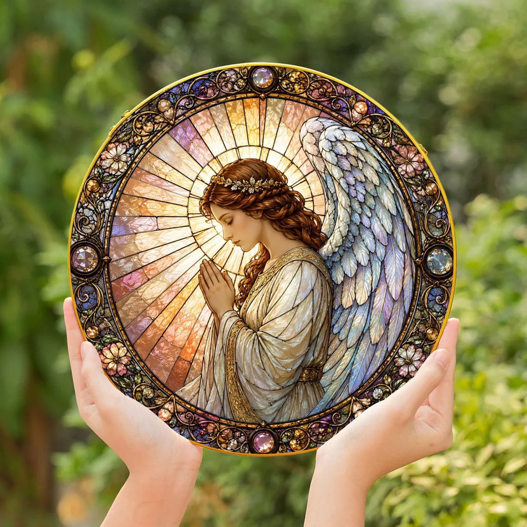 Praying Guardian Angel Stained Glass Suncatcher, Christian Window Hanging Gift