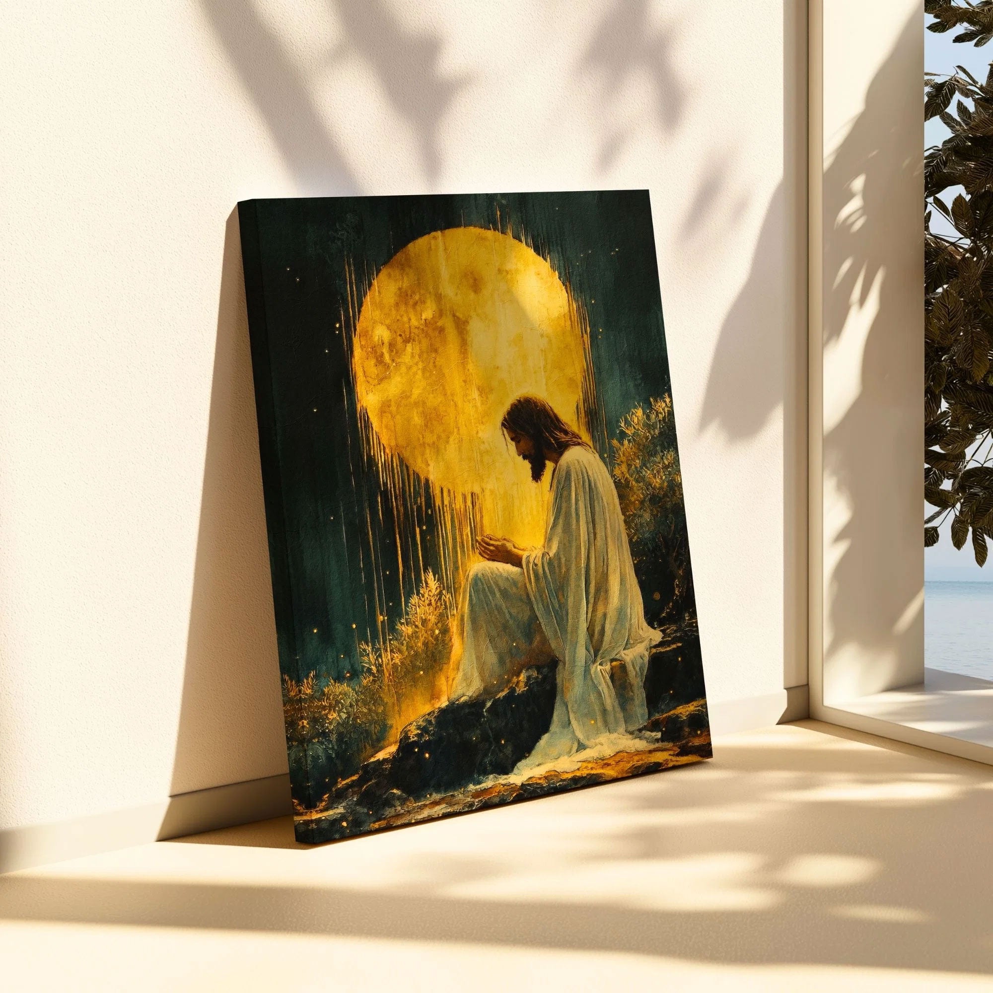 Jesus in the Garden of Gethsemane Canvas Print, Praying Christ Wall Art, Divine Light Christian Decor,