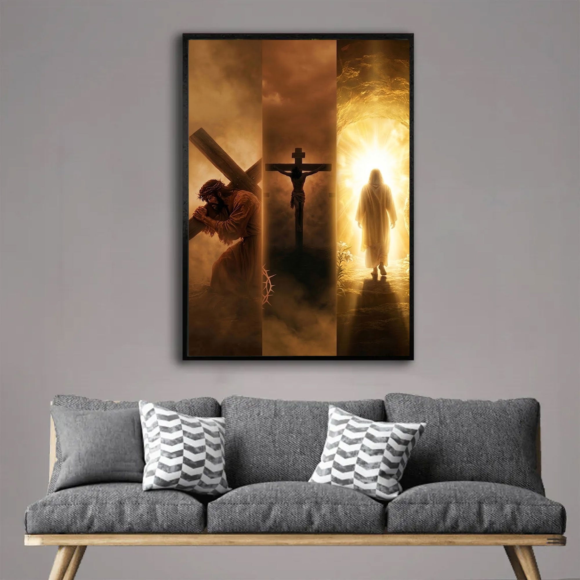 Jesus Passion to Resurrection Canvas Print, Catholic Christian Wall Art, Carrying the Cross Crucifixion and Risen Christ Scene, Sacred Fa