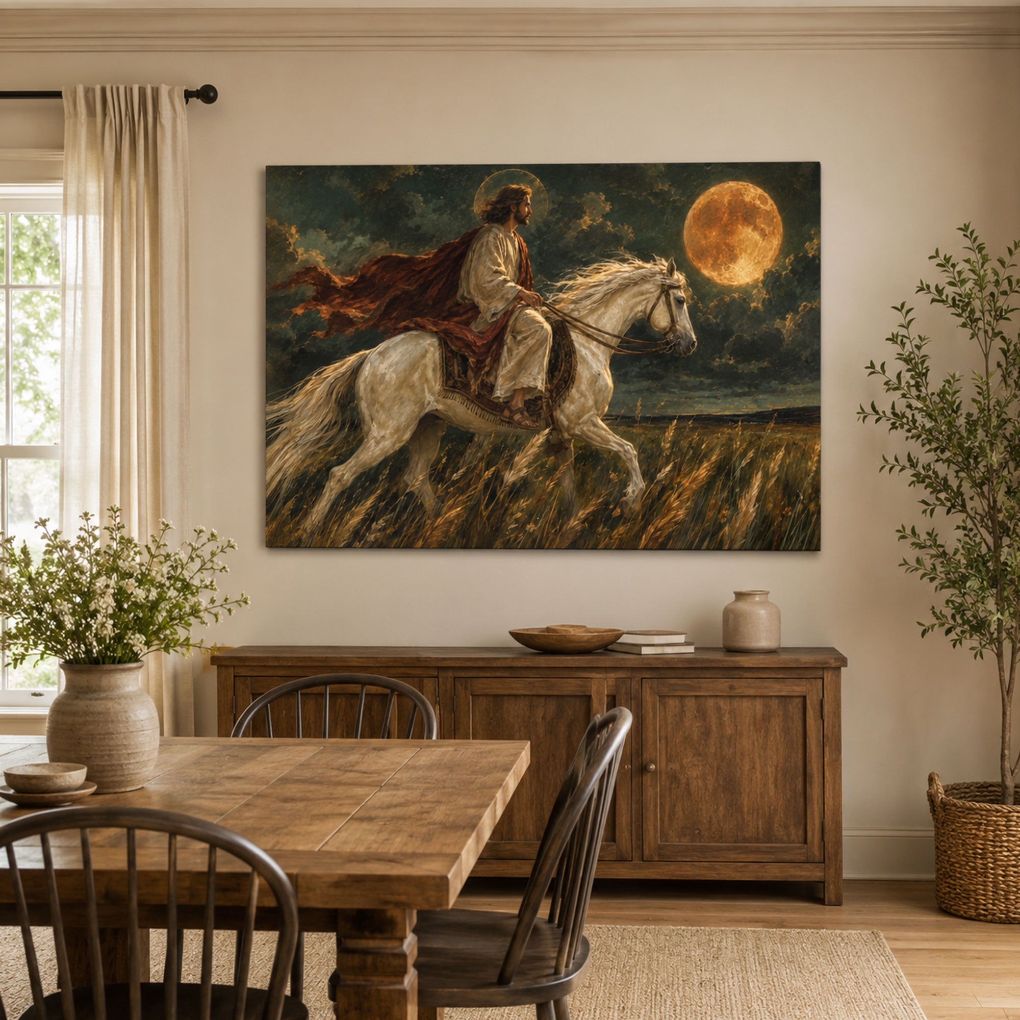 Jesus with White Horse byJesus Riding a White Horse Under the Moon Canvas Print, Christian Home Decor Waterfall Canvas Print