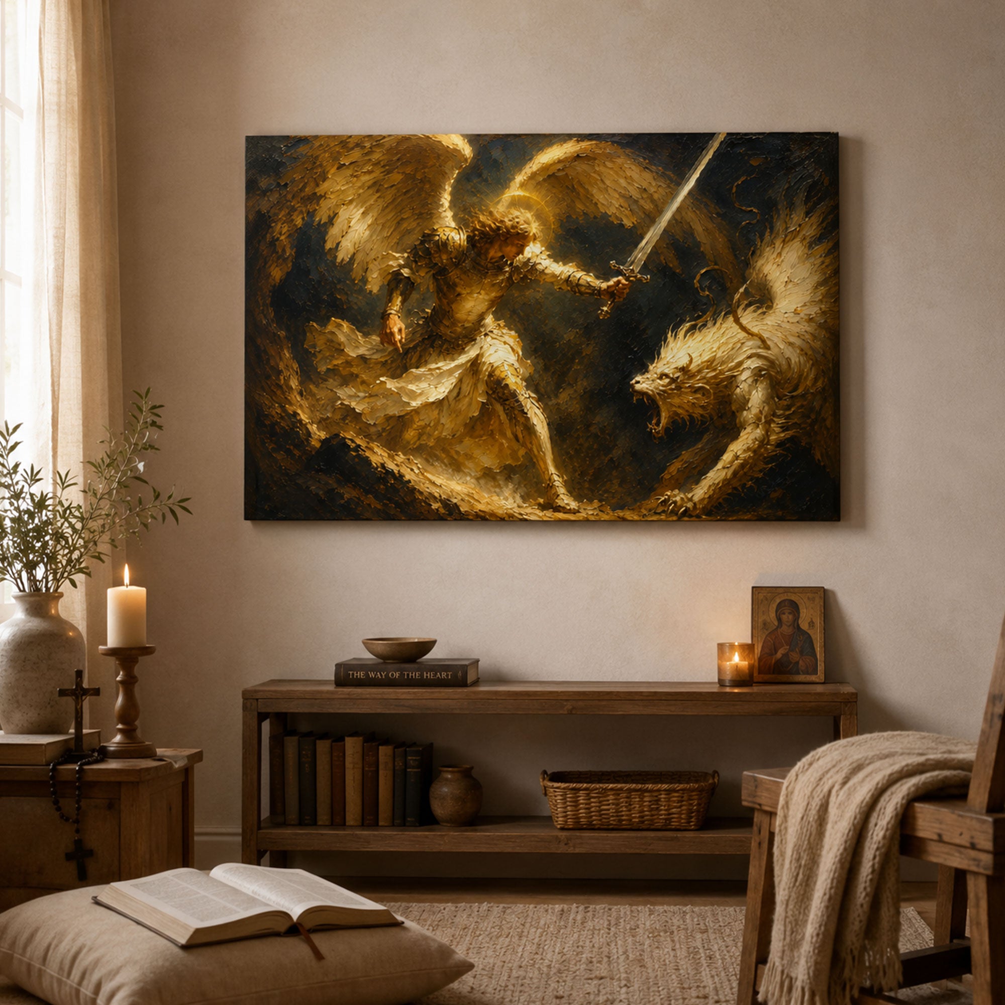 Saint Michael Defeating Dragon Canvas Print, Catholic Angel Wall Art, Faith Home Decor