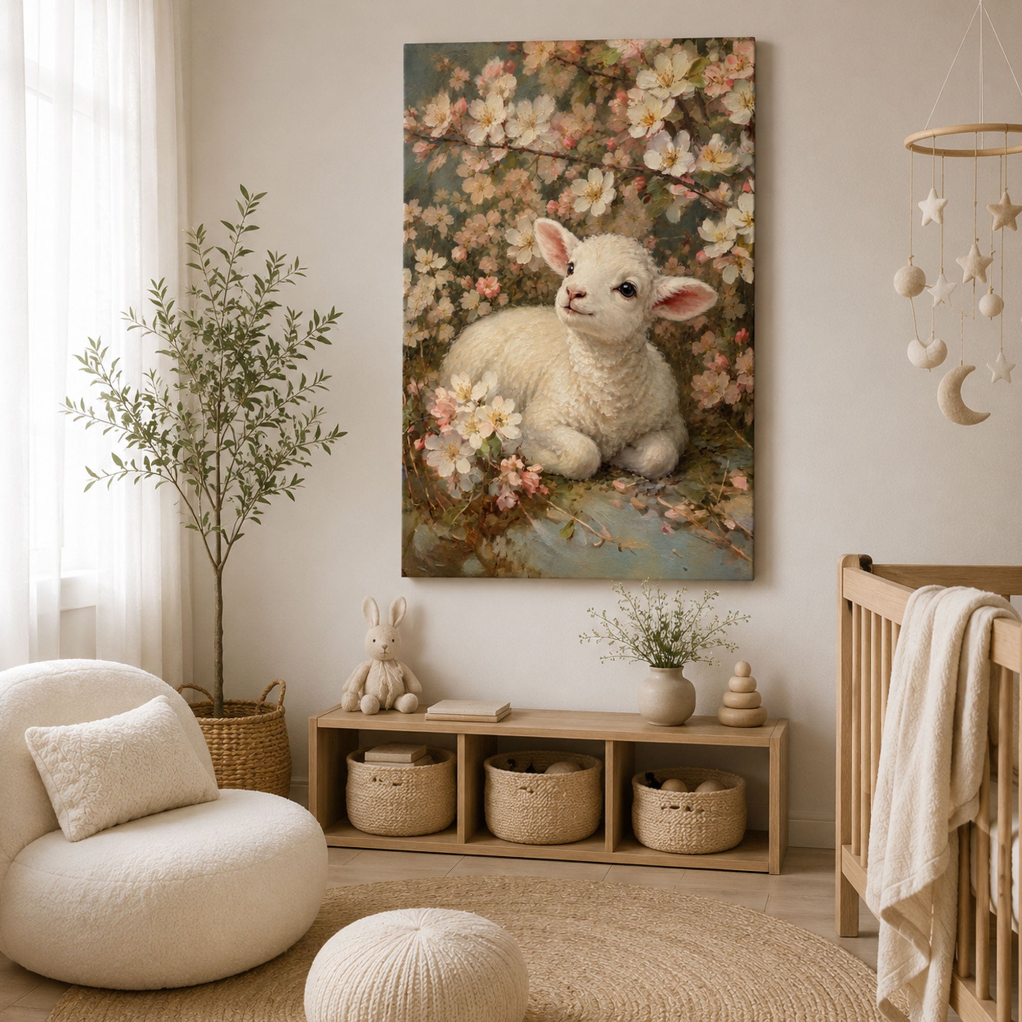 Lamb of God Canvas Print, Floral Christian Wall Art, Peaceful Faith Home Decor