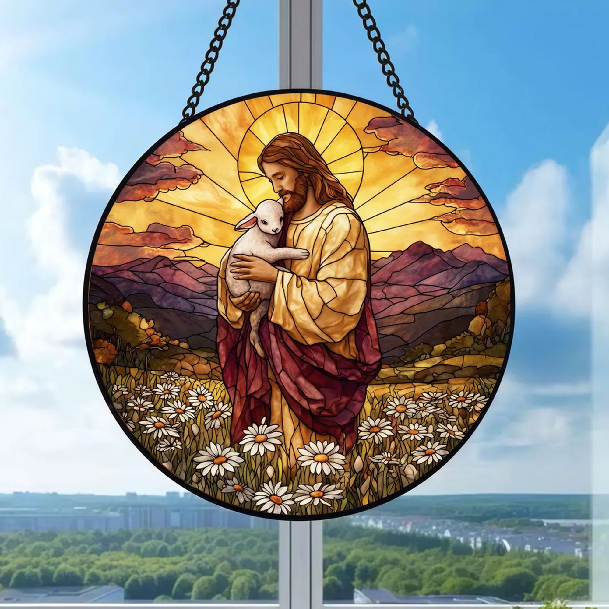 Jesus the Good Shepherd Suncatcher, Christ Holding Lamb Sunset Window Hanging, Christian Faith Gift
