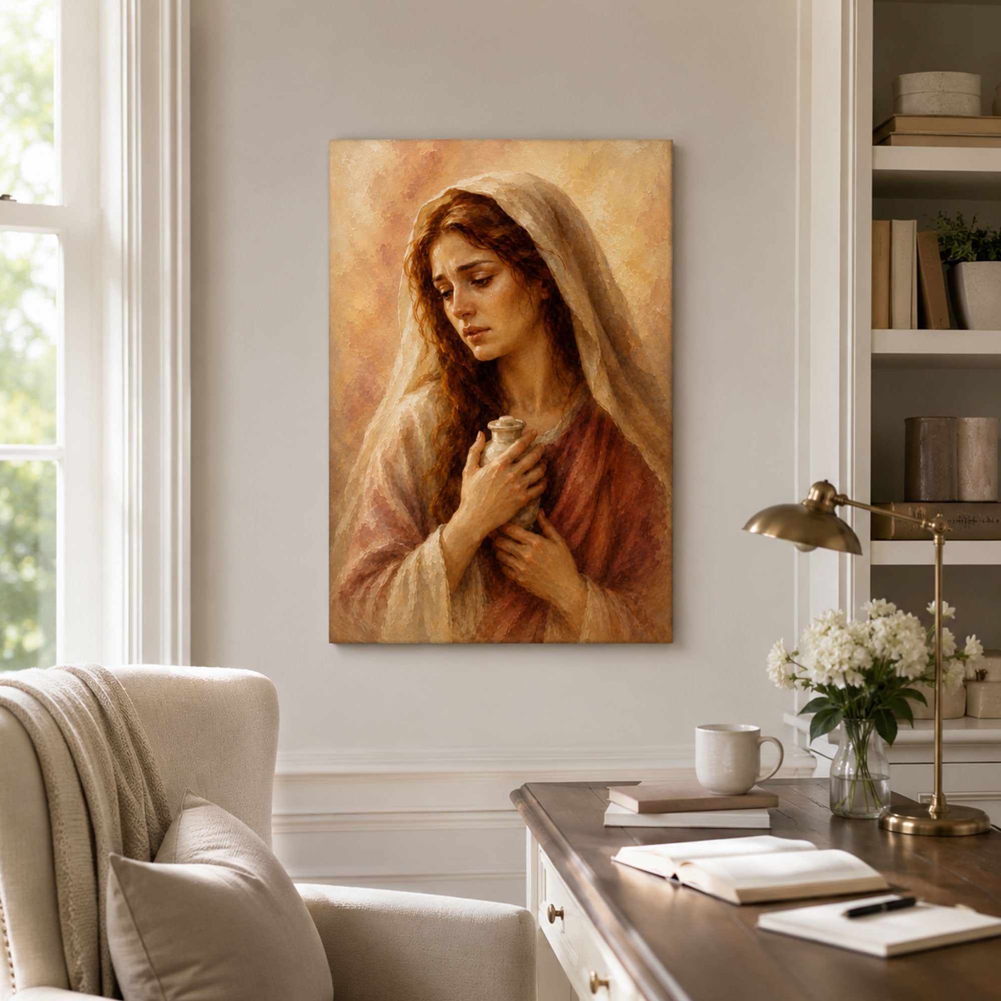 Contemplative Mary Magdalene Canvas Print, Warm Neutral Catholic Decor