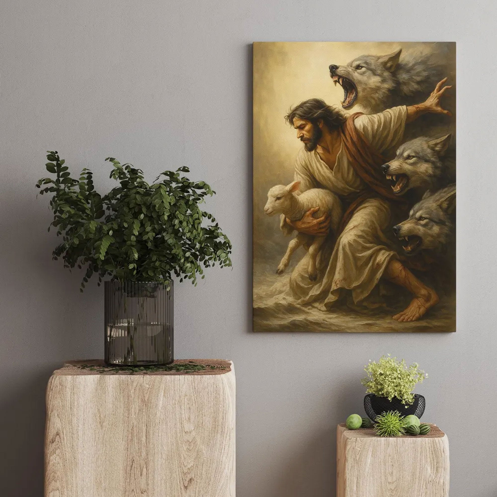 Jesus Protecting the Lamb Canvas Print, Christian Wall Art, Spiritual Decor, Jesus Saving Lamb Artwork, Religious Gift