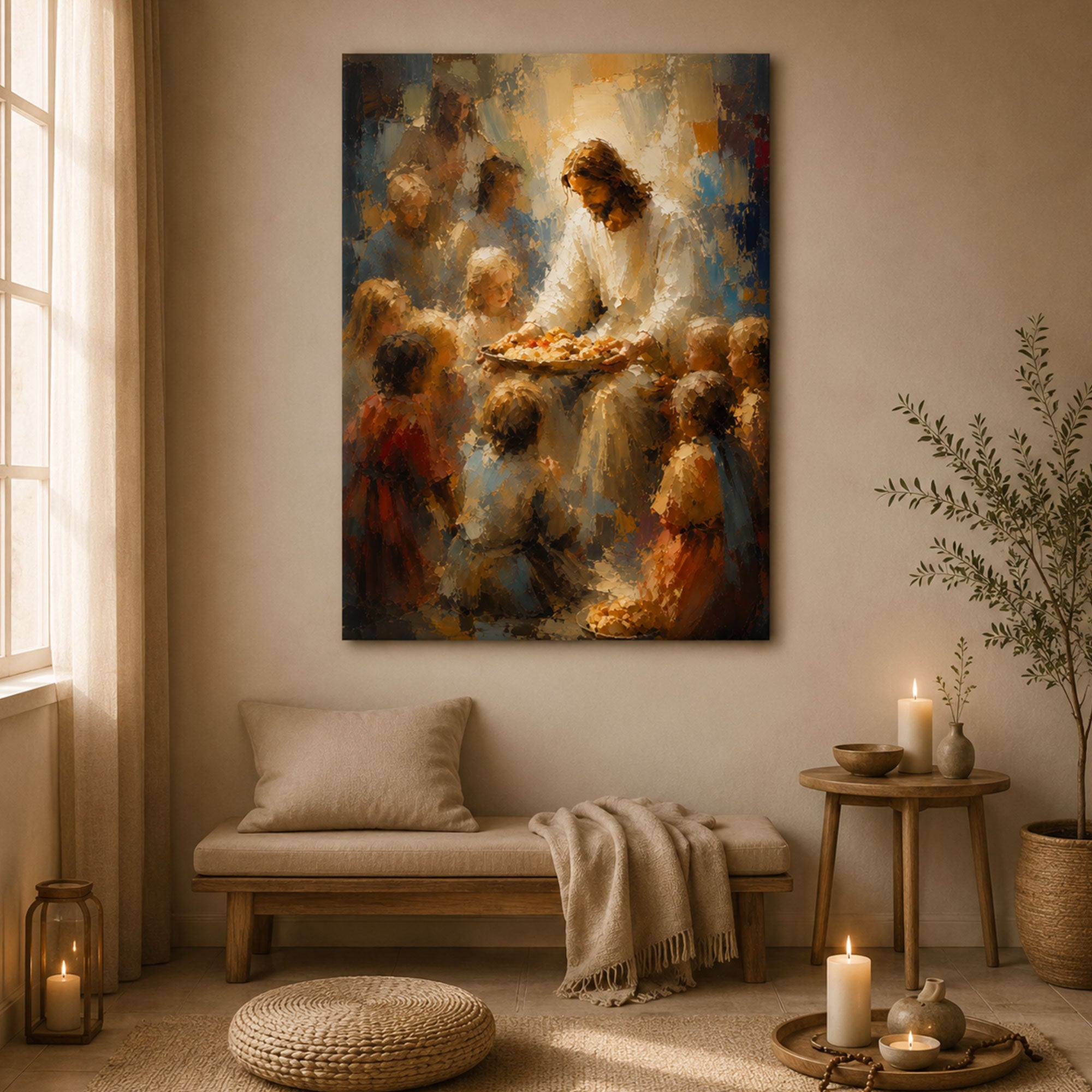 Jesus Sharing Bread with Children Canvas Print, Christian Wall Art, Bread of Life Faith Home Decor