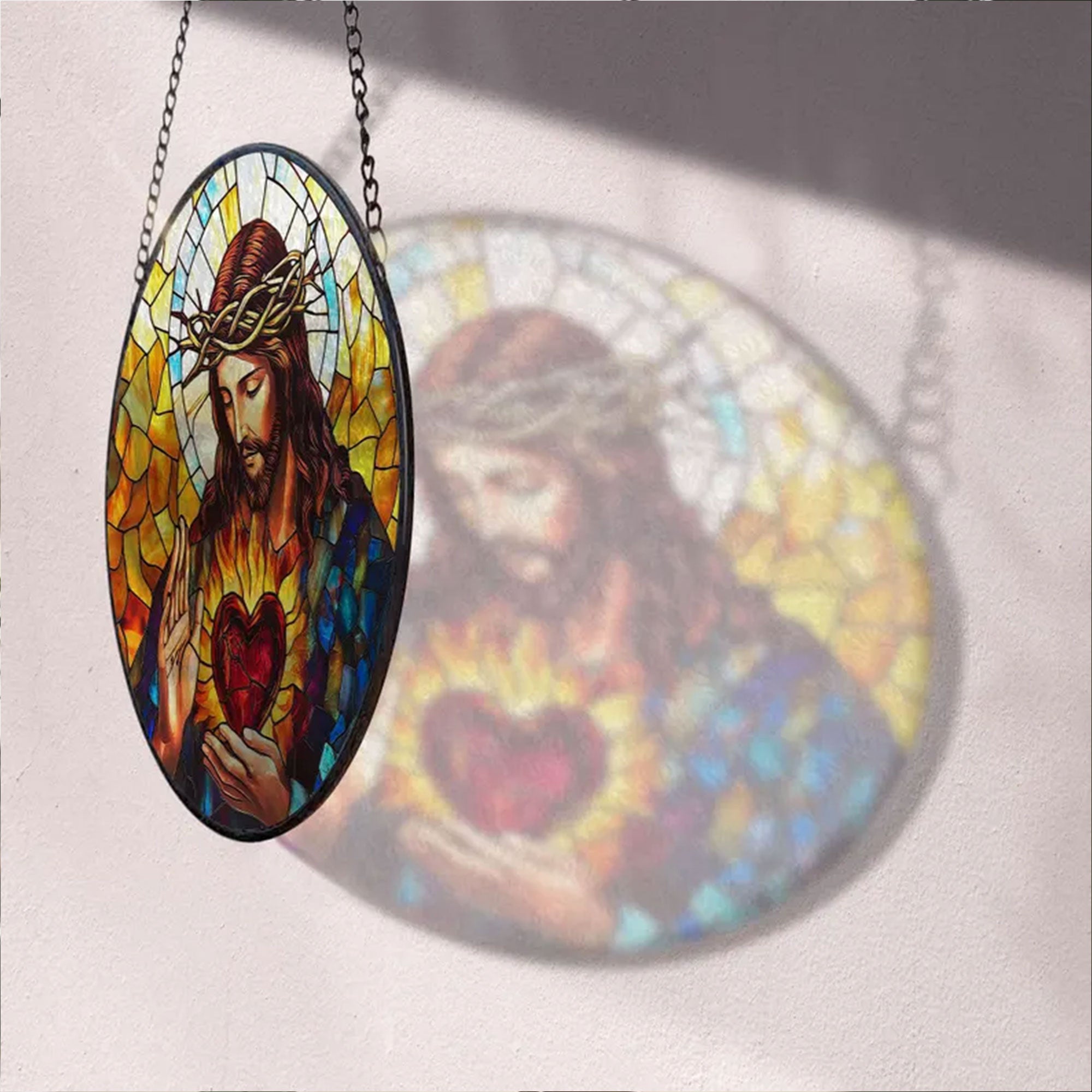 Sacred Heart of Jesus Faux Stained Glass Suncatcher, Christian Window Hanging Decor, Catholic Faith Gift