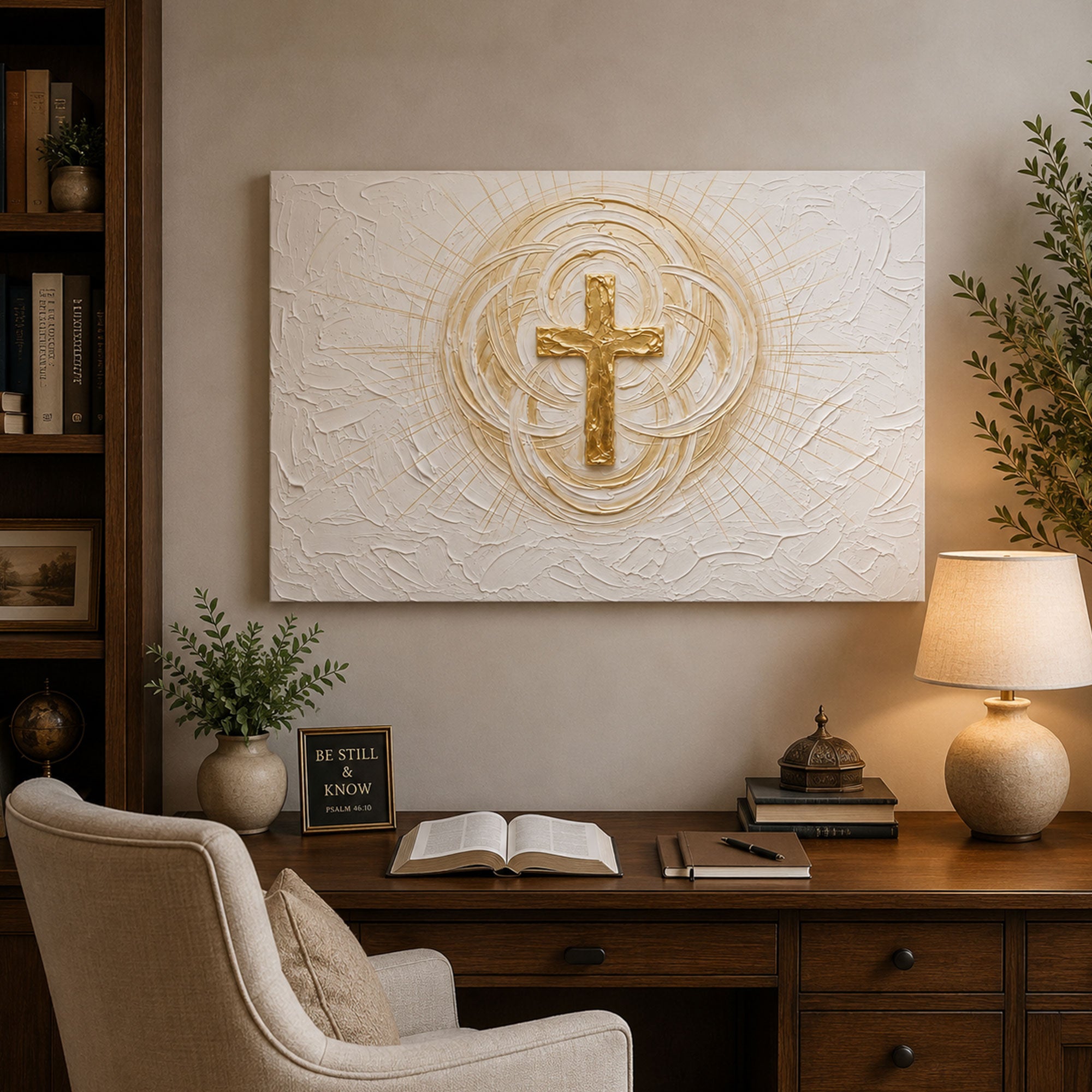 Gold Cross Panoramic Canvas Print, White Minimalist Christian Wall Art, Faith Home Decor Gift