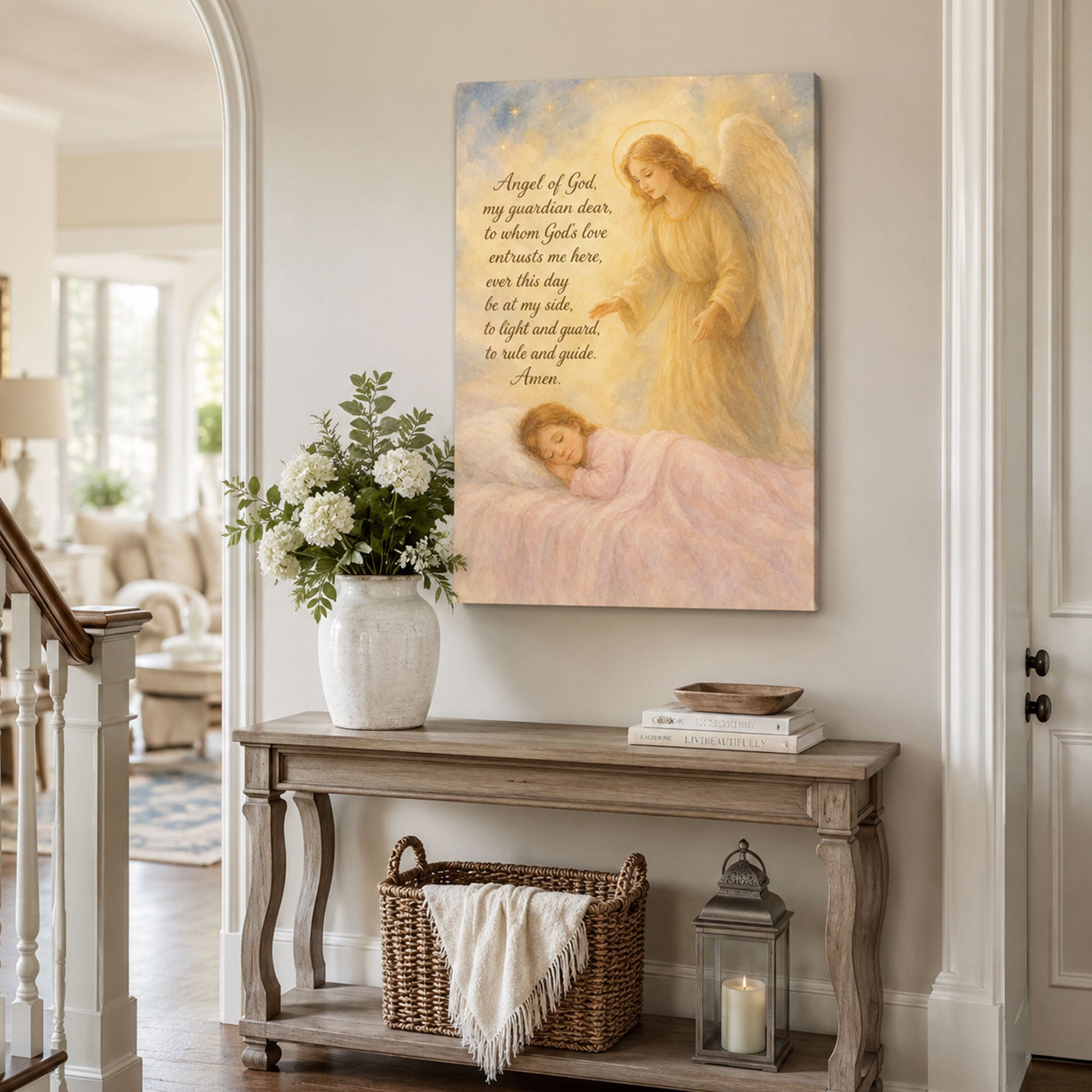 Angel of God Prayer Canvas Print, Guardian Angel and Sleeping Child Art