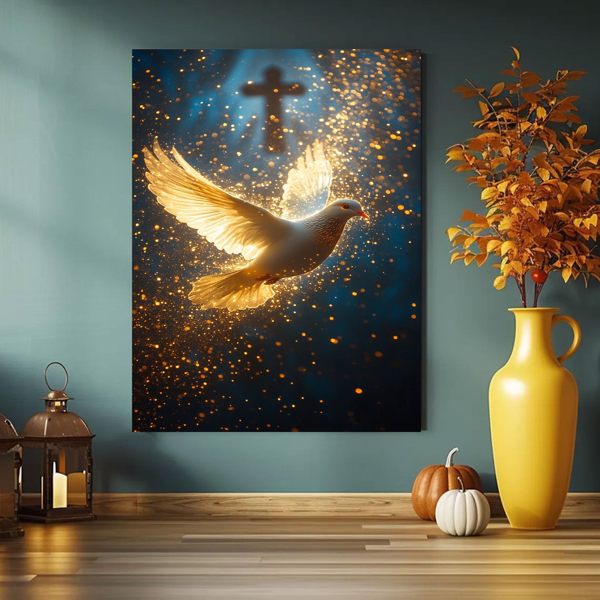 Light of the Spirit Canvas Print, Golden Dove and Cross Artwork, A Quiet Reminder of Faith, Presence, and Guidance